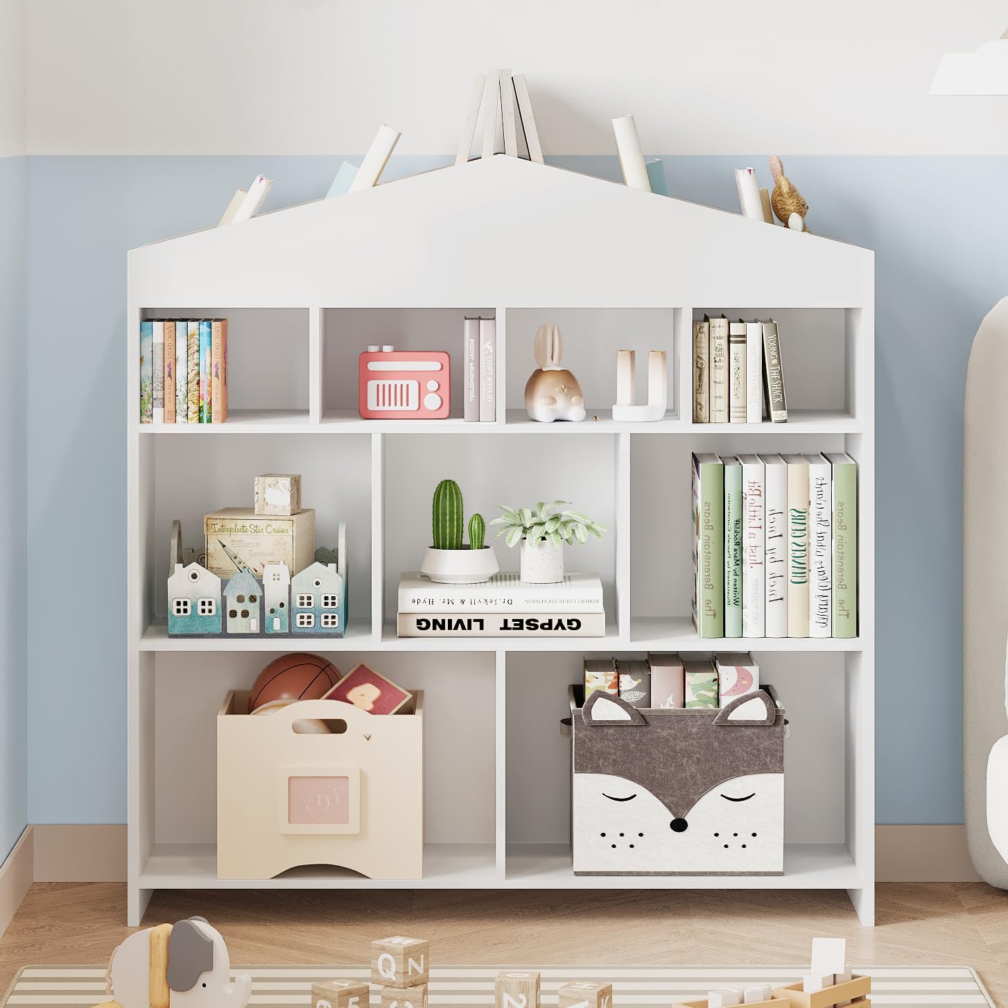Garvee Libreria per Bambini con 9 Cubi di Stoccaggio, Organizer Giocattoli, Design a Casetta, Legno Robusto, Antiribaltamento, Facile da Pulire, per Cameretta e Asilo, 39.4x40.7x11.8 Pollici, Naturale