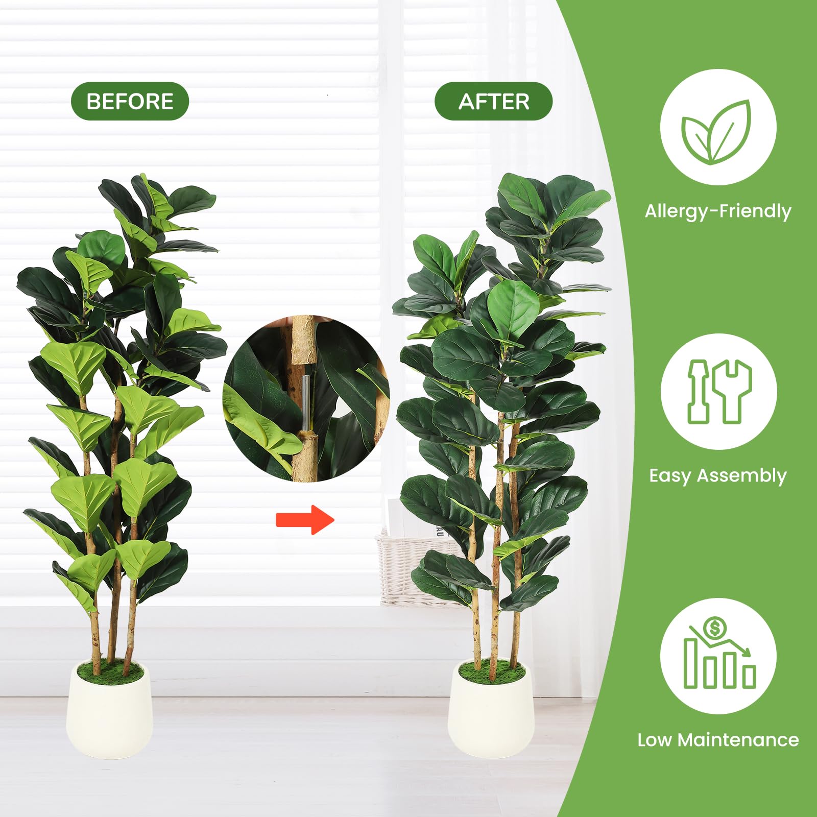 Albero di fico artificiale Garvee da 5 piedi con 56 foglie, vaso in cemento bianco, rami regolabili per decorazioni interne ed esterne, poliestere resistente, verde