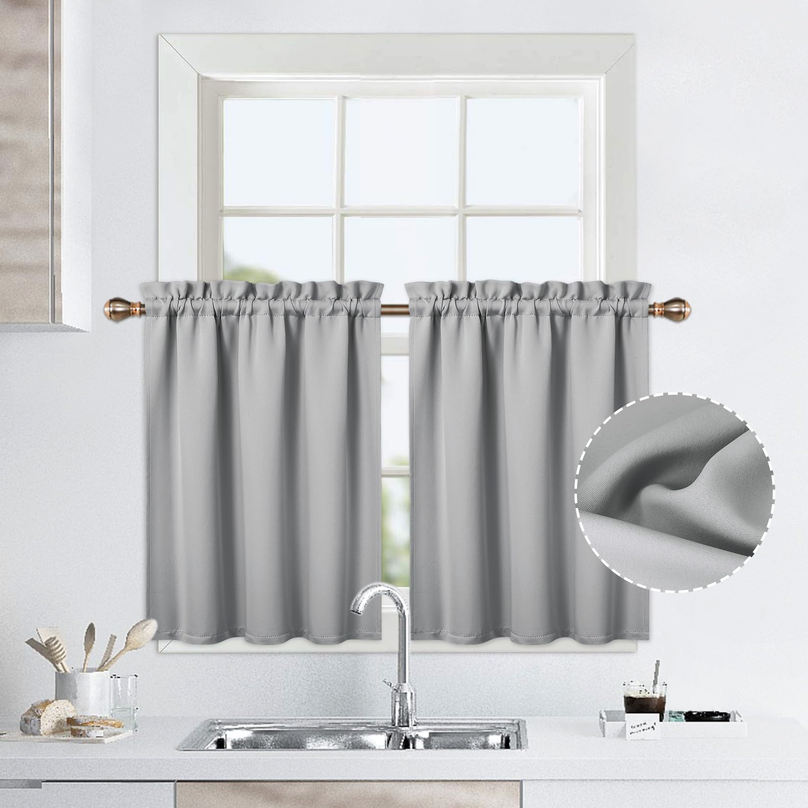 Garvee Tende Corte Tende Oscuranti 2 Pezzi per Piccole Finestre Cucina e Bagno 26"X30" Grigio Chiaro Cotone