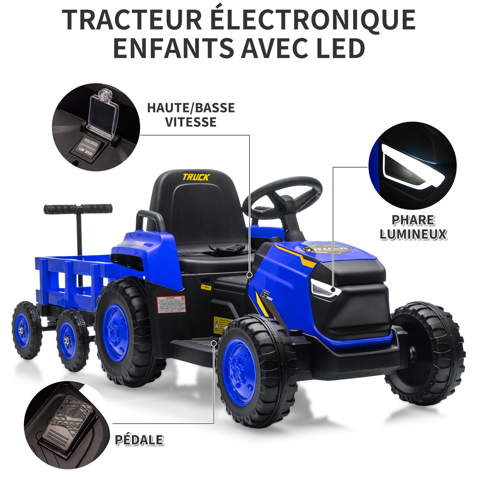 Trattore elettrico per bambini Garvee con rimorchio staccabile, 12 V, 6 pneumatici, telecomando, musica, doppio motore, fari a LED, blu, per giardino e cortile