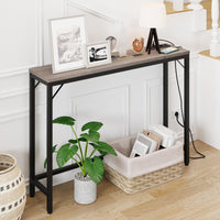 GARVEE Tavolo Consolle Stretto con Porta USB, 100x23x80 cm, Legno Vintage, Marrone e Nero, per Ingresso e Soggiorno