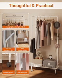 Appendiabiti in metallo Garvee con freni e ripiano, robusto e mobile, acciaio, bianco, per casa e ufficio, salvaspazio