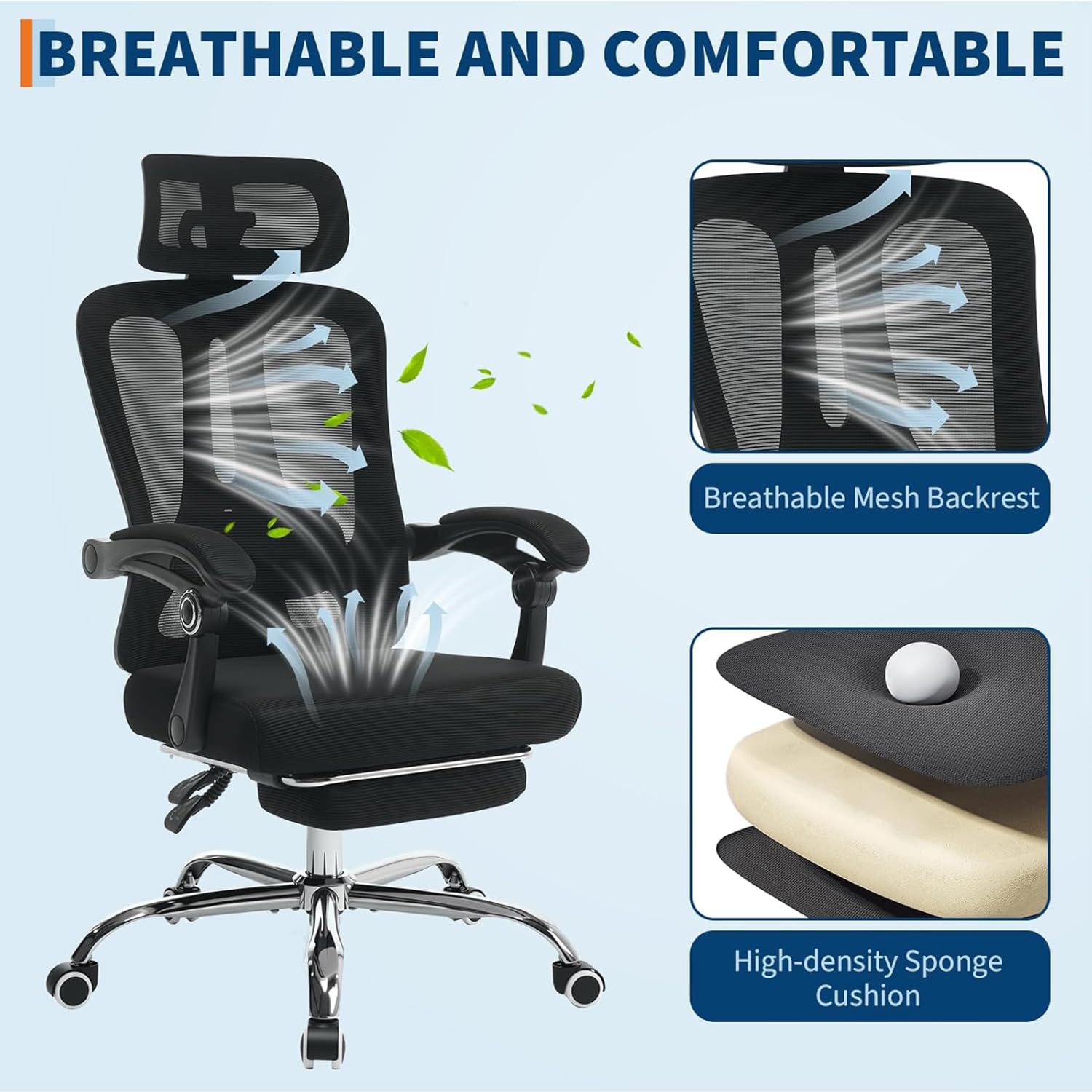 Sedia da ufficio ergonomica Garvee con poggiatesta regolabile, supporto lombare, poggiapiedi per ufficio domestico e gaming, altezza regolabile, rete traspirante, nero