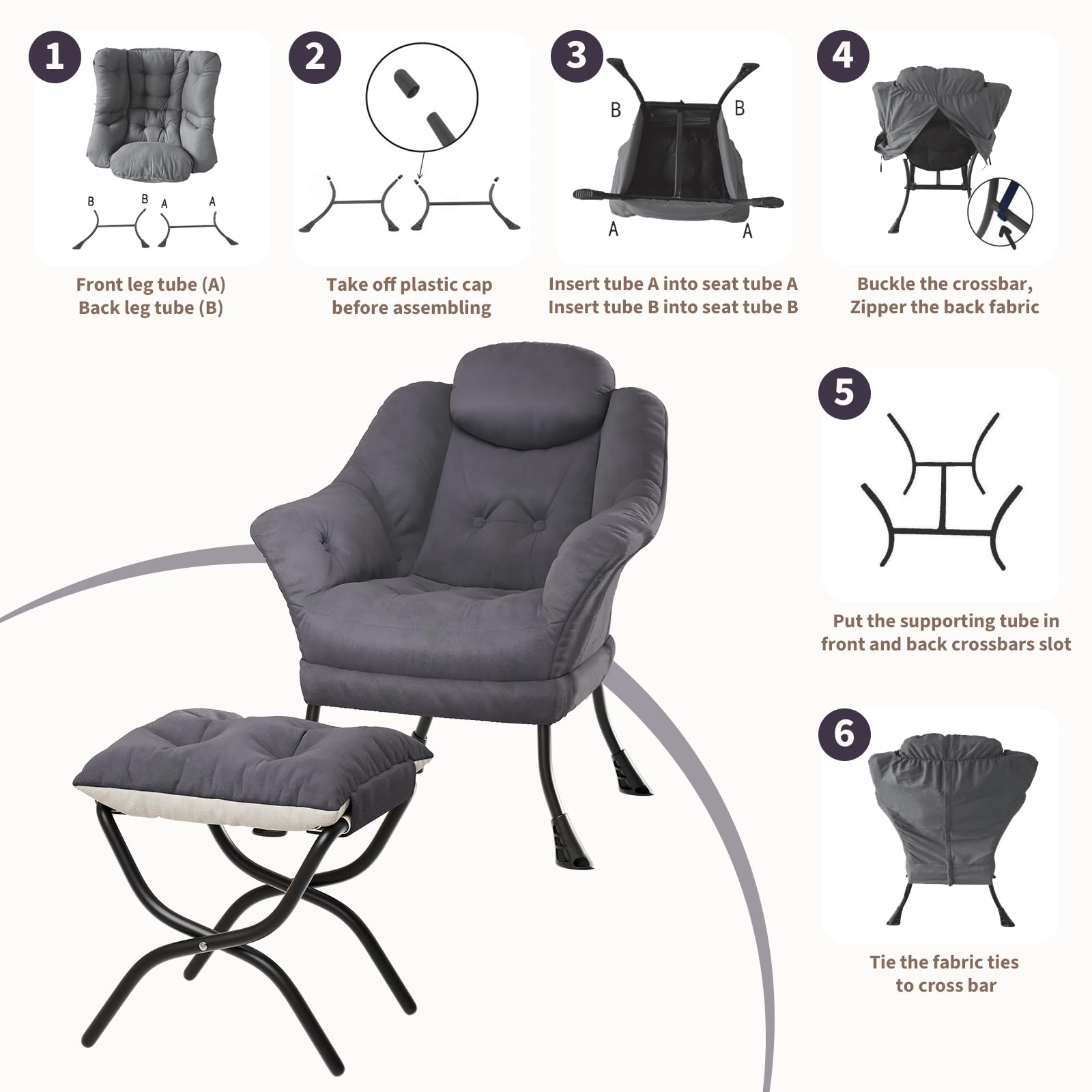 Sedia girevole Garvee con poggiapiedi, ergonomica, in velluto, pieghevole, grigia, per soggiorno e camera da letto, salvaspazio