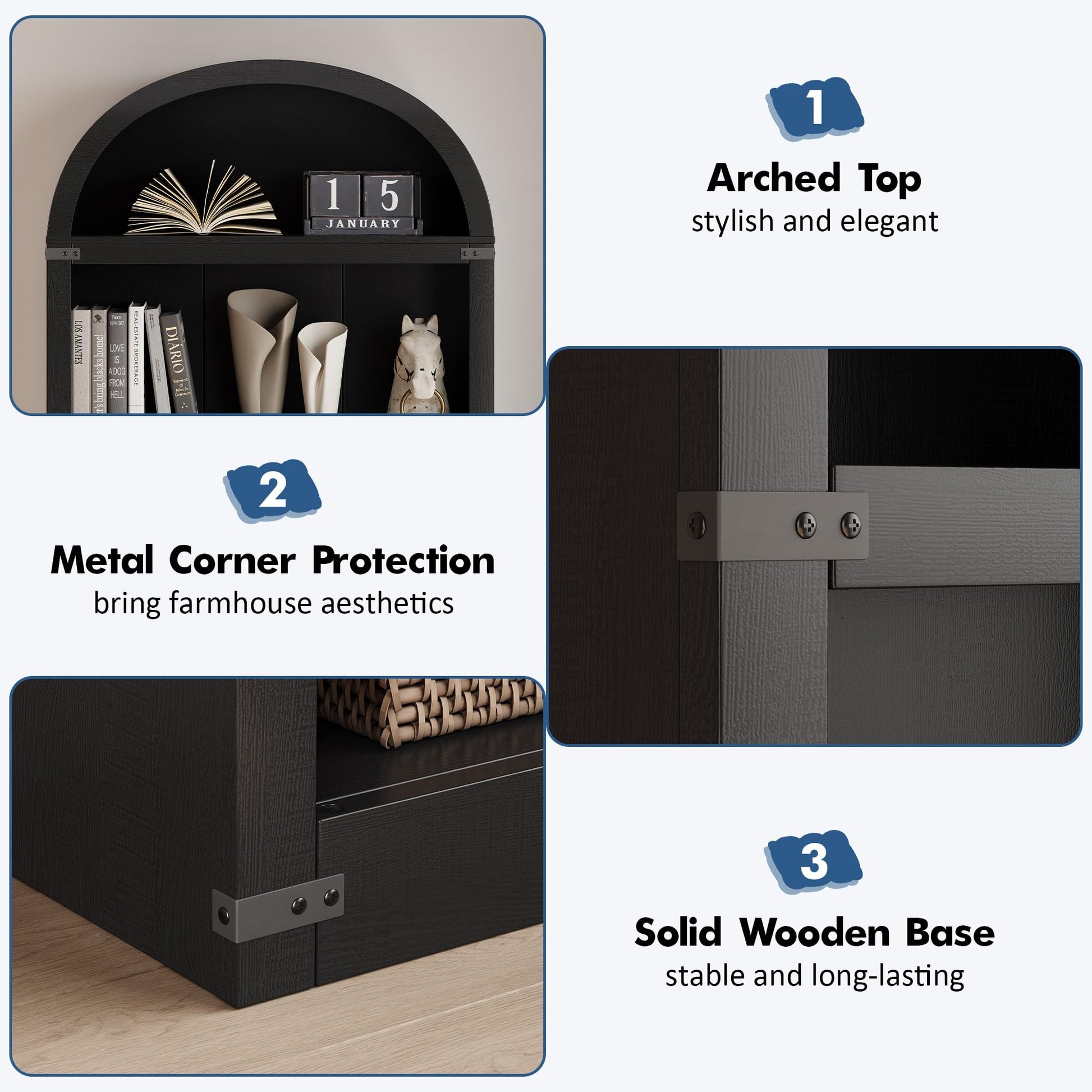 Libreria Garvee con 5 ripiani, stile fattoria ad arco, in legno con angoli in metallo, per soggiorno/ufficio, 71,65x29,92x11,88 pollici, legno naturale