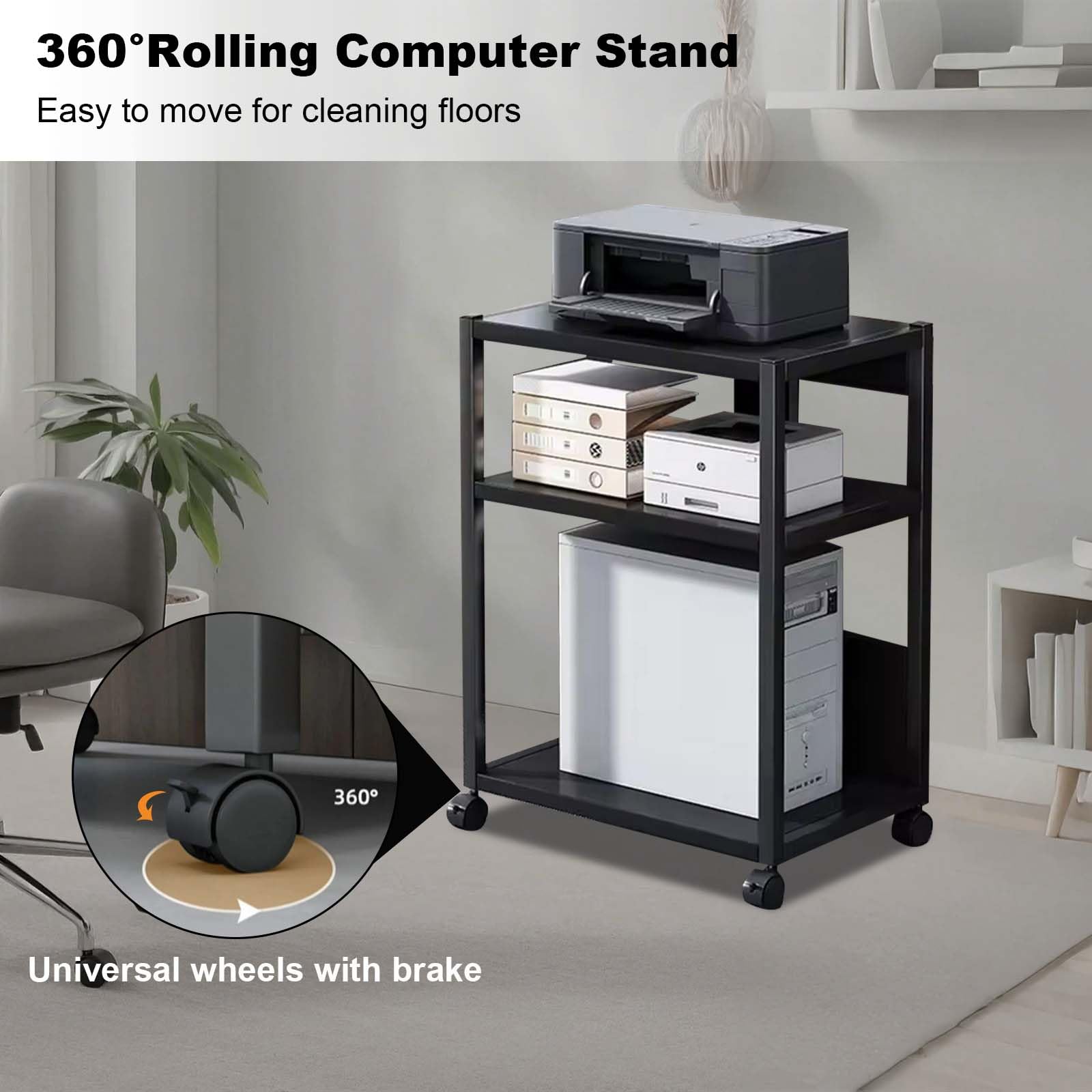 Supporto per PC Garvee a 3 livelli, altezza regolabile, con ruote, metallo, stabile, per ufficio e casa