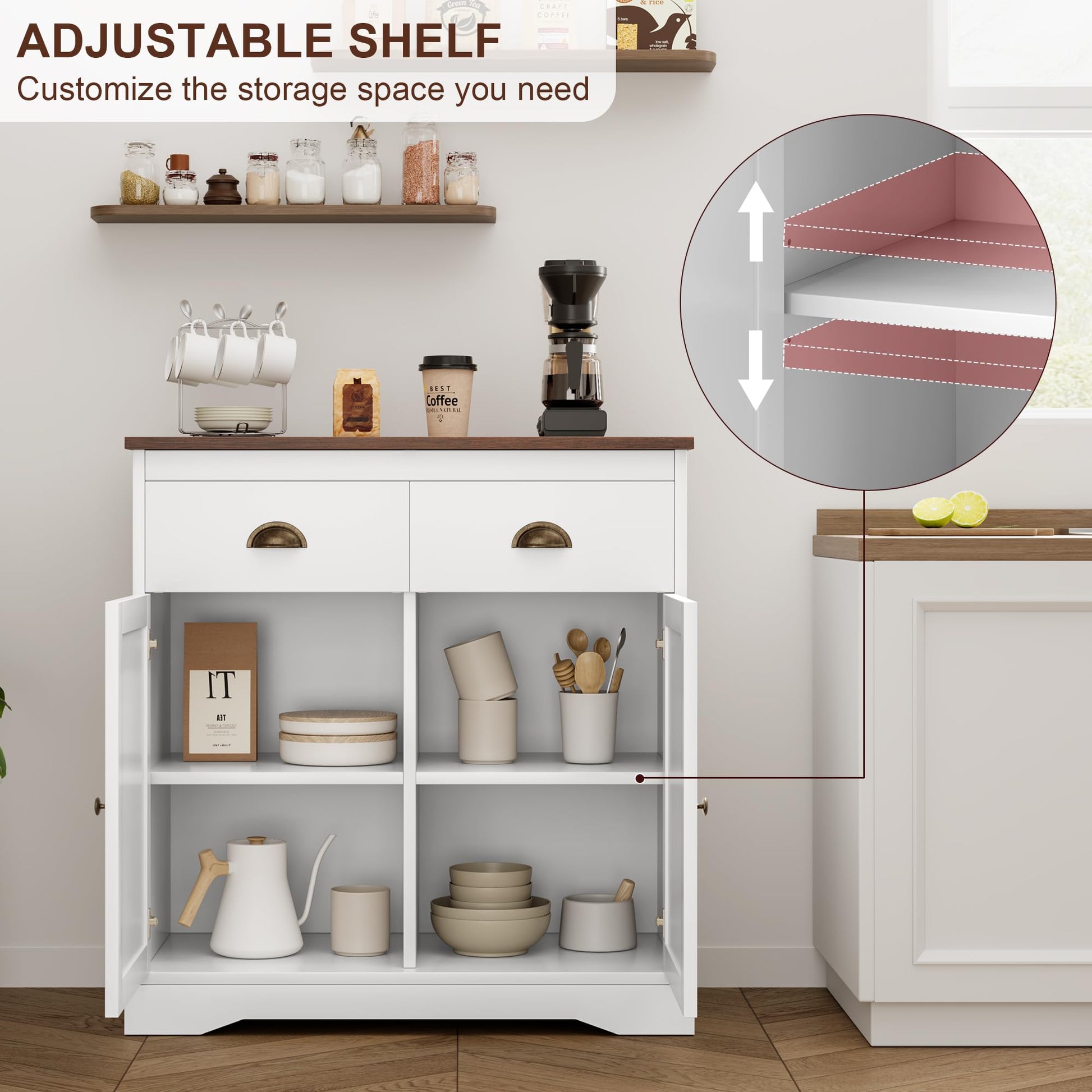 Garvee Buffet Bianco Rustico con 2 Ante e 2 Cassetti, Piano di Lavoro in Legno Resistente, Multiuso per Cucina e Sala da Pranzo, 41.3"x15.6", Marrone