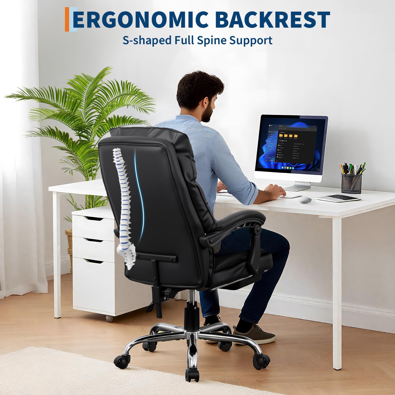 Sedia da ufficio Garvee in similpelle ergonomica regolabile con poggiapiedi, struttura in metallo, girevole a 360° per casa, ufficio, gaming, nera