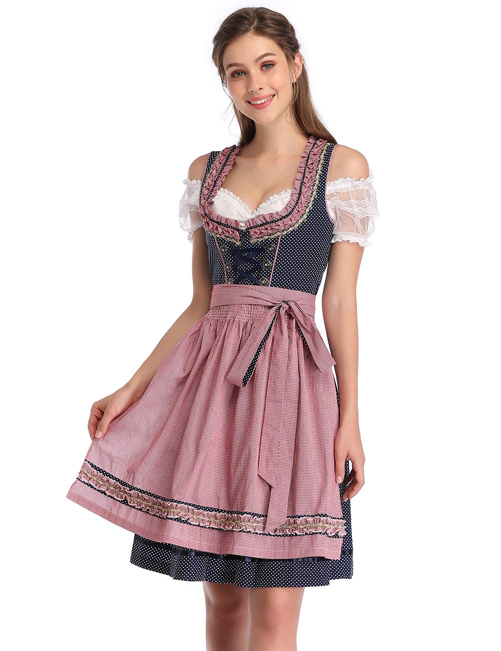 Abito Dirndl da donna Garvee Bavaria Oktoberfest, set da 3 pezzi, camicetta e grembiule, grembiule bavarese a maniche corte, abito da cameriera Oktoberfest, bordeaux a pois, taglia M