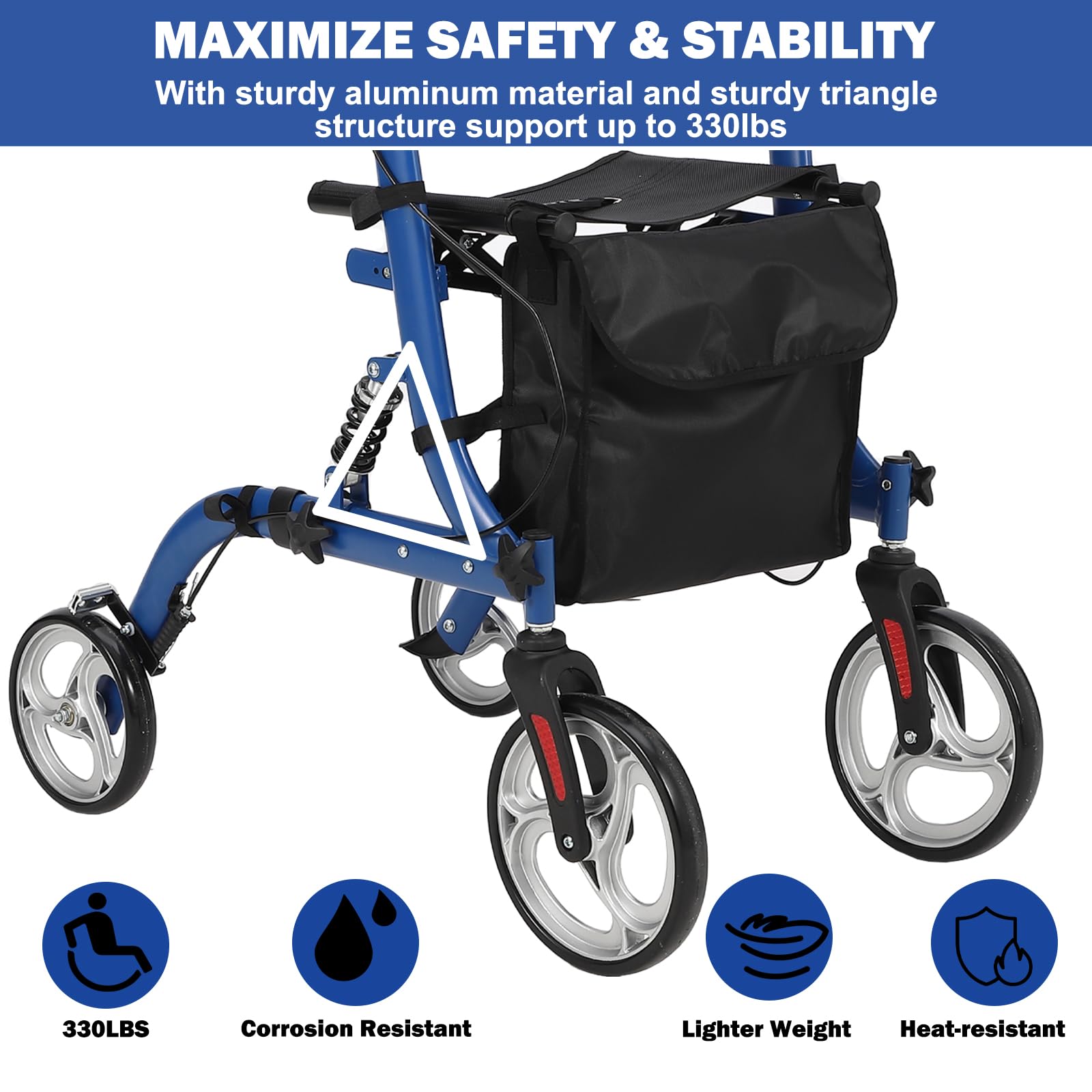 Rollator pieghevole Garvee con ammortizzatori - ruote anteriori da 12" e posteriori da 10" per comfort e sicurezza su tutti i terreni