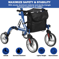 Rollator pieghevole Garvee con ammortizzatori - ruote anteriori da 12" e posteriori da 10" per comfort e sicurezza su tutti i terreni