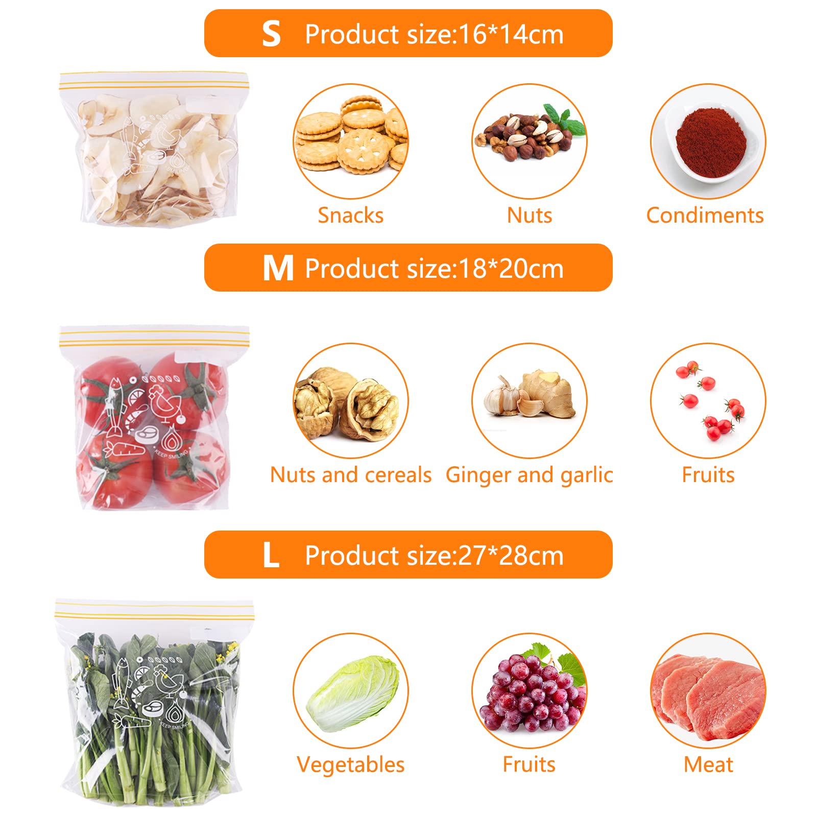 Garvee Sacchetti Trasparenti per Conservazione Fresca, Sicuri per Alimenti, Resistenti al Freezer, Riutilizzabili, Ideali per Frutta e Verdura, 3 Misure