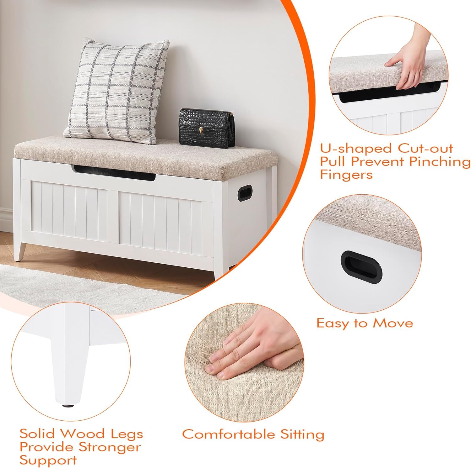 Panca contenitore Garvee da 39,4" con cuscino, cerniere di sicurezza, cassapanche, truciolato, bianco, per corridoio e soggiorno