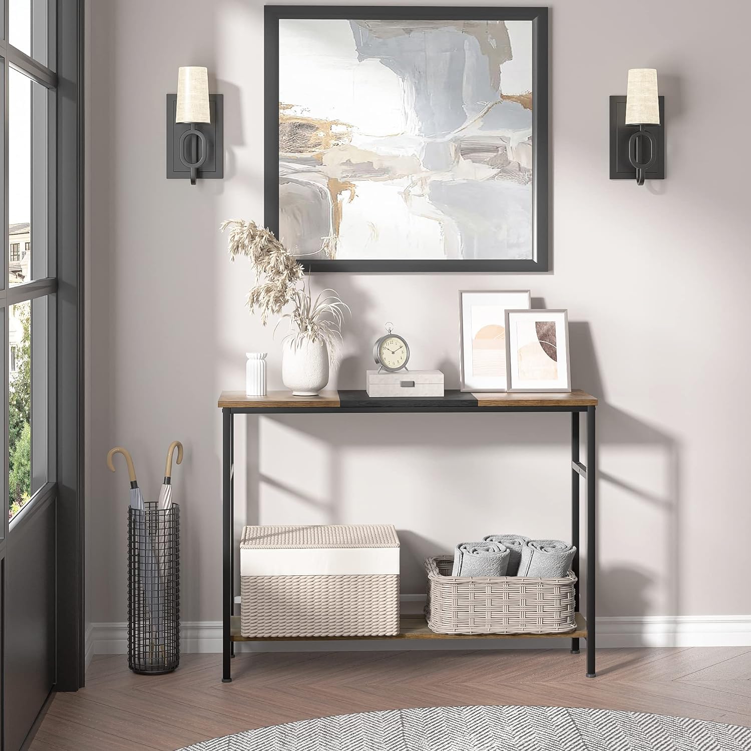 GARVEE Tavolo consolle stretto con ripiani in legno, colore vintage, struttura in metallo, 100x23x80 cm, robusto, per piccoli spazi, corridoio, soggiorno