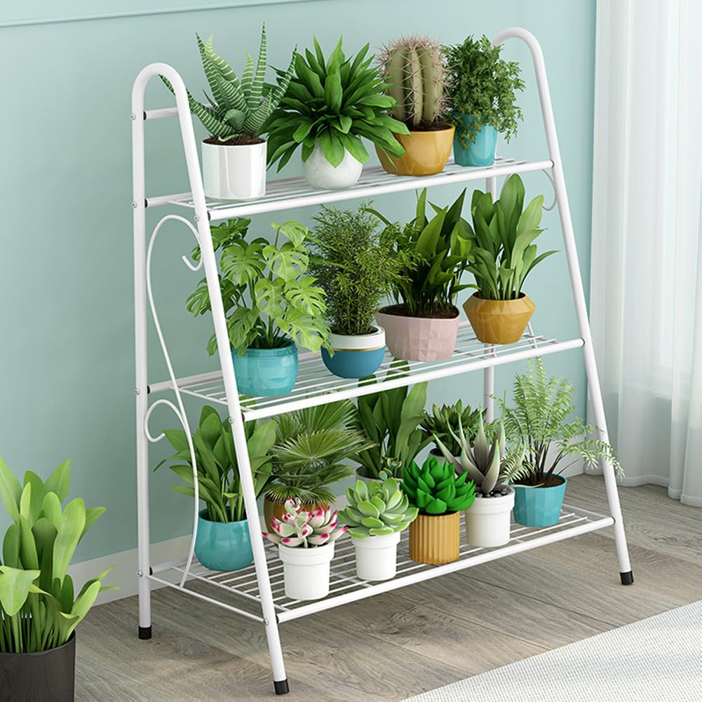 Supporto per piante in metallo a 3 livelli Garvee, bianco, per uso interno ed esterno, balcone, giardino, 63x31x69 cm, salvaspazio, robusto