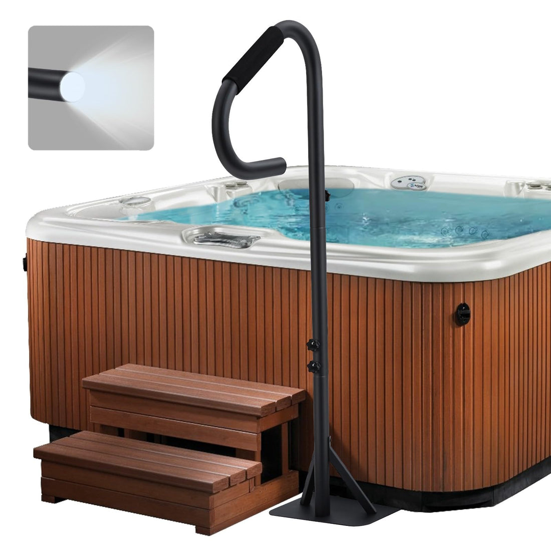 Corrimano per vasca idromassaggio Garvee con luce LED, girevole a 360°, altezza regolabile 35-57", acciaio al carbonio, impugnatura antiscivolo, portasciugamani, per interni ed esterni