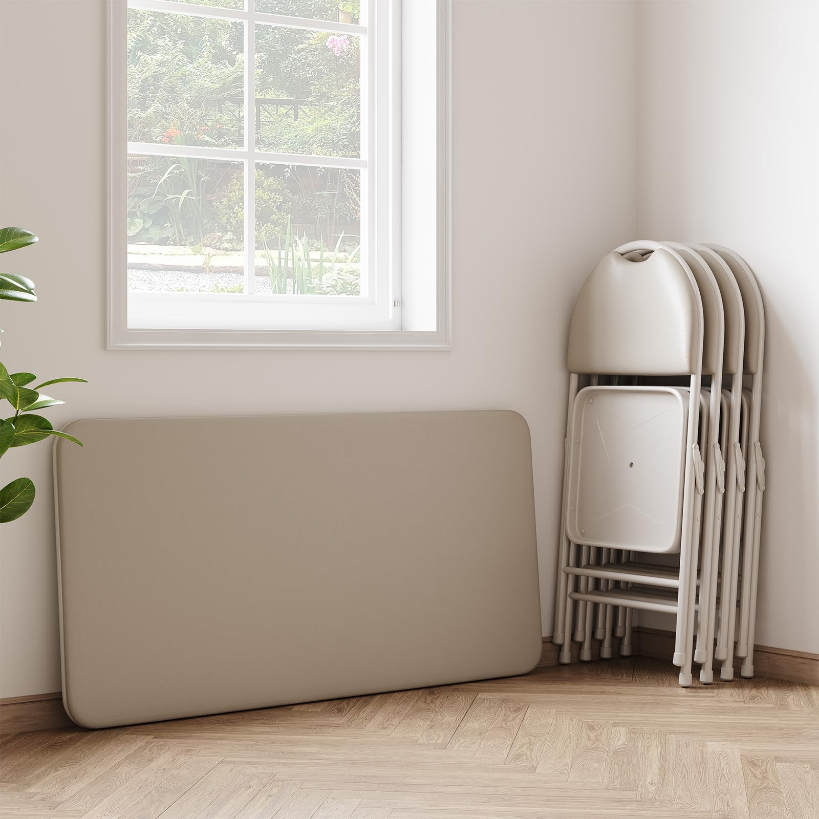 Tavolo pieghevole Garvee a 4 gambe, portatile, pieghevole, gambe in metallo, piano in similpelle, beige, per uso interno ed esterno