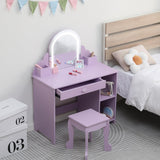 Tavolo da toeletta per bambini Garvee con specchio illuminato, tavolo da toeletta e sgabello 2 in 1 per bambine dai 3 ai 9 anni, MDF, luci LED regolabili, spazio di archiviazione, camera da letto e sala giochi, bianco - Viola + Accessori