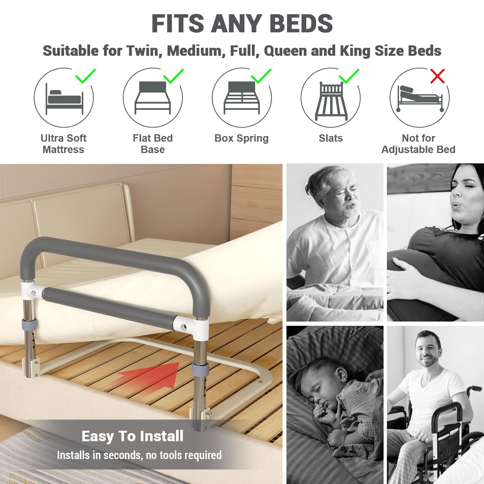 Sponda per letto Garvee per anziani, altezza regolabile 64x55x36,5~43,5 cm, nero e bianco, protezione anticaduta, robusta e sicura