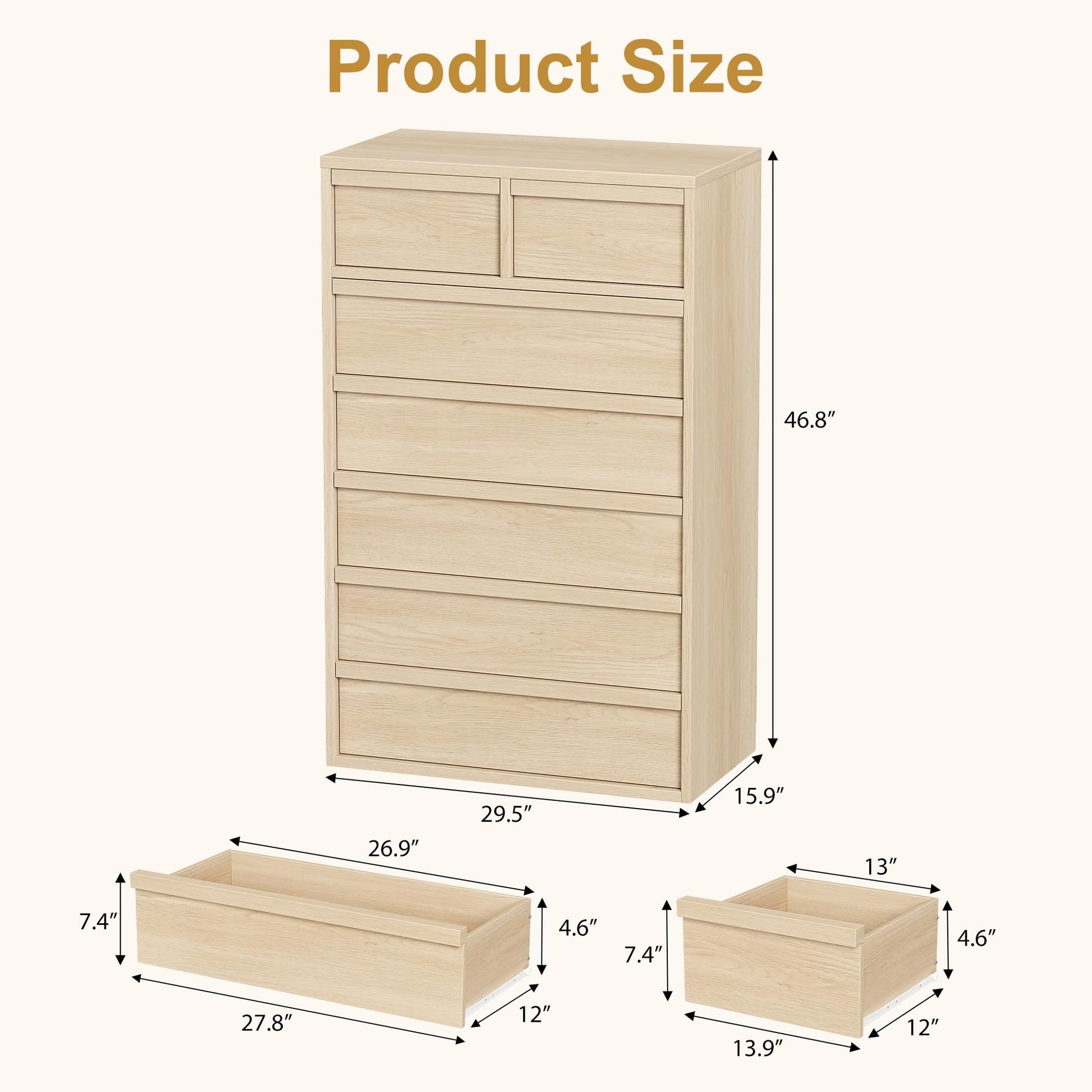 Cassettiera Garvee a 7 cassetti, rovere naturale, per camera da letto, altezza 46 pollici, robusta, design moderno