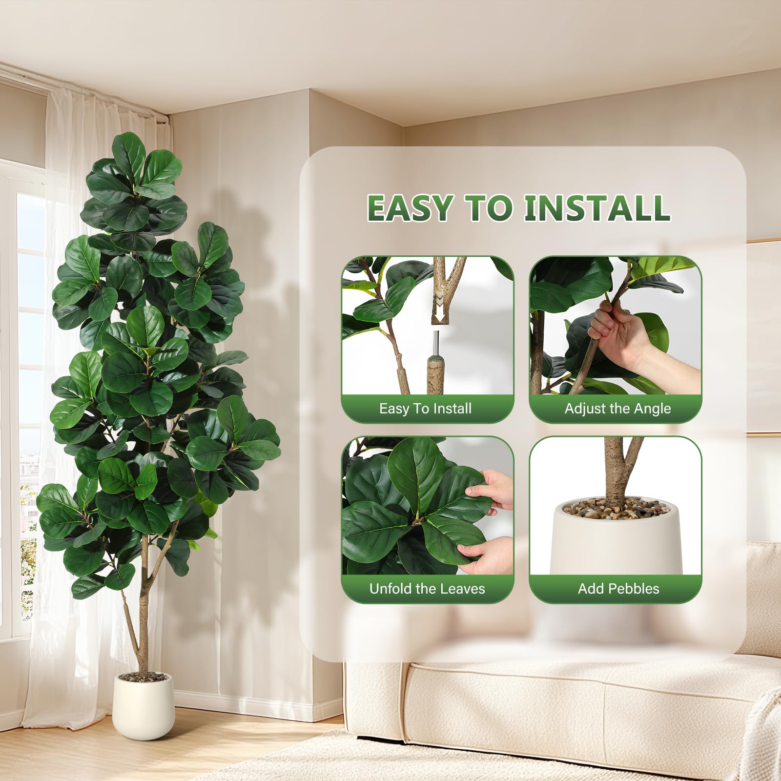 Albero artificiale Garvee Ficus Lyrata da 2,1 m con 141 foglie, vaso bianco da 23 cm, decorazione per ufficio e soggiorno, foglie in PVC+PE, design stabile