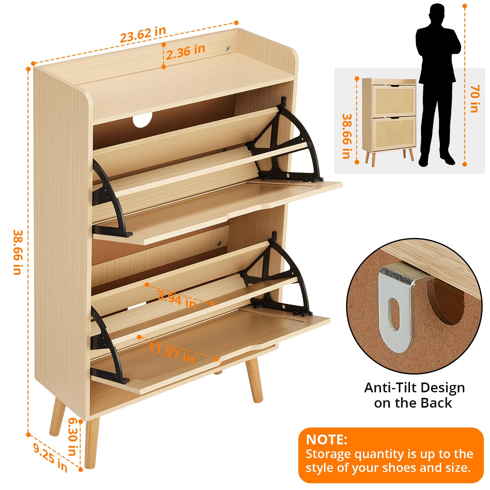 Scarpiera Garvee con 2 cassetti pieghevoli in rattan per corridoio e ingresso, 38,66x23,62x9,25 pollici, inodore, salvaspazio