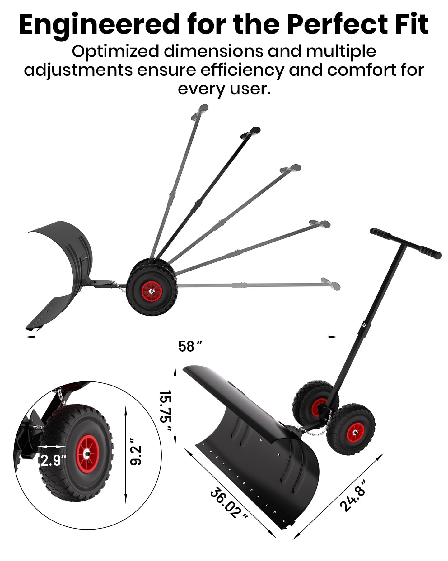 Pala da neve Garvee con ruote, lama in acciaio da 36", regolabile in 5 posizioni, impugnatura ergonomica, base in plastica, ruote in gomma da 9,3" per vialetti, robusta ed efficiente