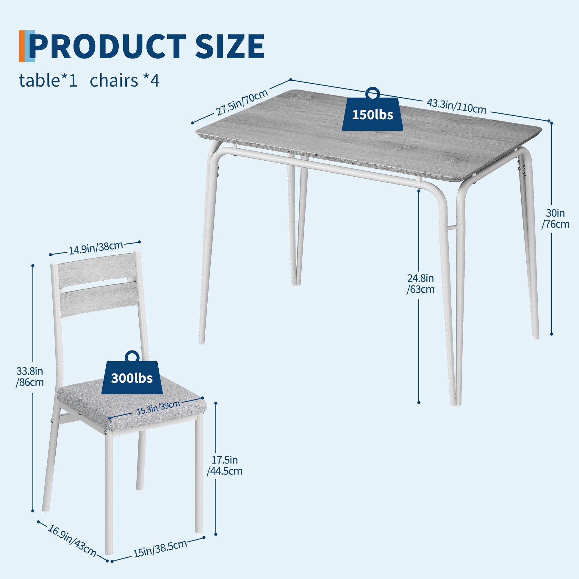 Set da pranzo Garvee per 4 persone, tavolo quadrato con 4 sedie imbottite, MDF e metallo, salvaspazio e stabile, per stanze e cucine piccole