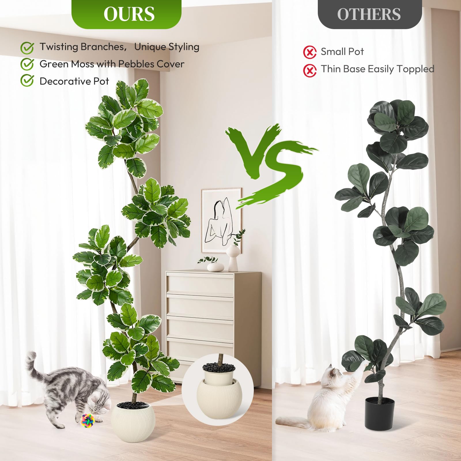 Albero artificiale Garvee Ficus Lyrata da 2,1 m con vaso in cemento e muschio per soggiorno e ufficio, facile da pulire, flessibile, foglie realistiche, verde