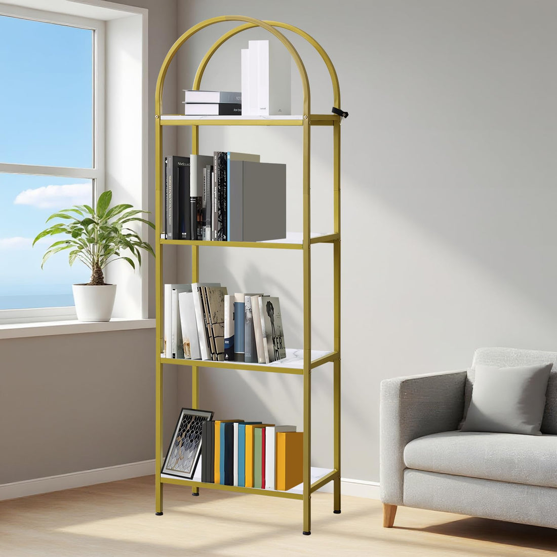 Libreria Garvee a 4 ripiani con arco, struttura in metallo, robusta per soggiorno e ufficio, 72x24x12 pollici, design moderno