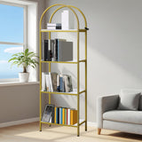 Libreria Garvee a 4 ripiani con arco, struttura in metallo, robusta per soggiorno e ufficio, 72x24x12 pollici, design moderno - Rinforzo a 4 stadi – Bianco+Oro