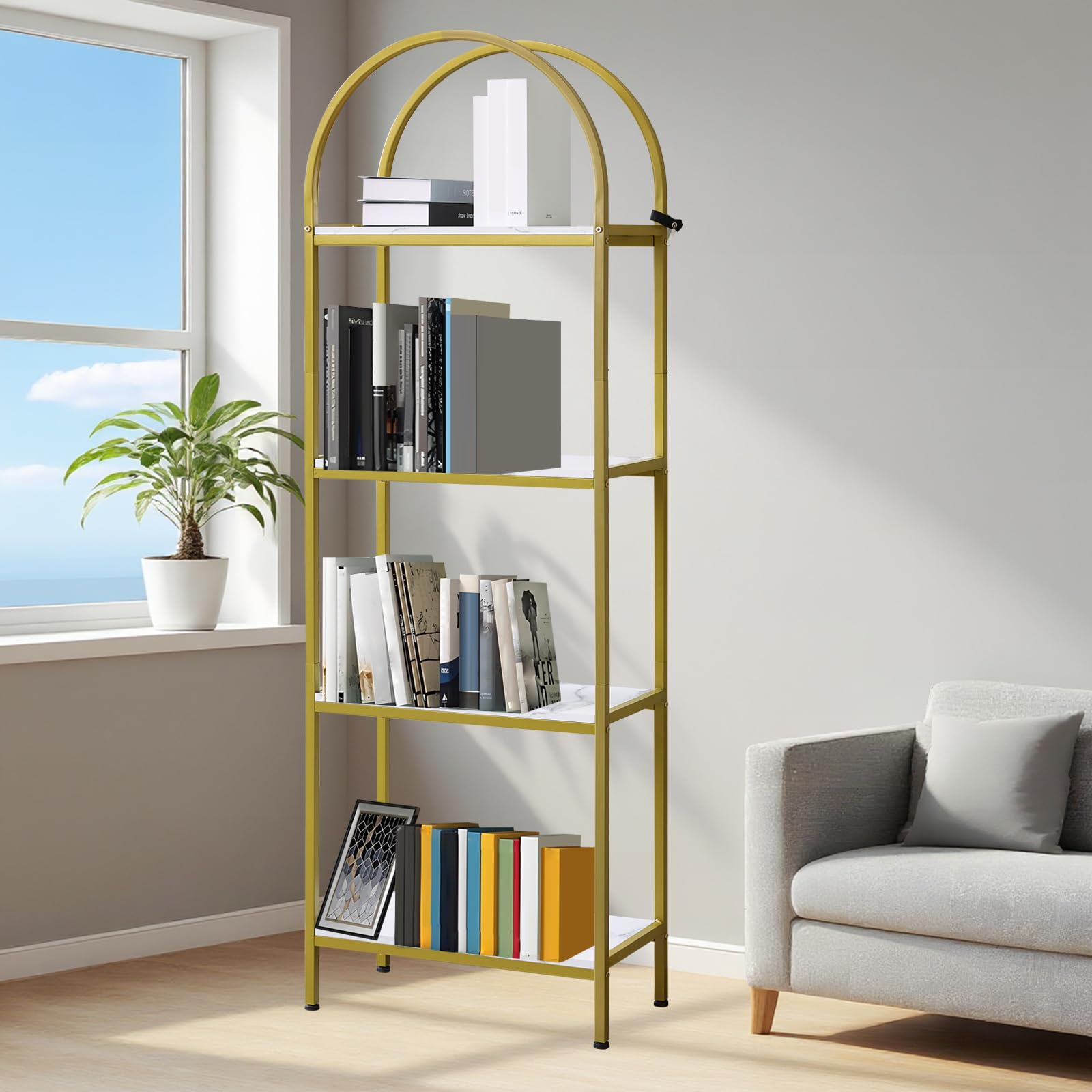 Libreria Garvee a 4 ripiani con arco, struttura in metallo, robusta per soggiorno e ufficio, 72x24x12 pollici, design moderno