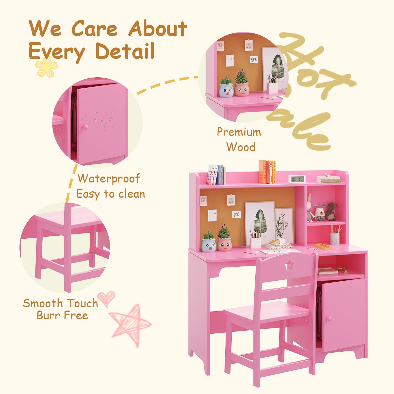 Scrivania per bambini Garvee con sedia, in legno, ergonomica, con spazio di archiviazione, per bambini dai 3 ai 12 anni, studio, camera da letto, resistente ai graffi