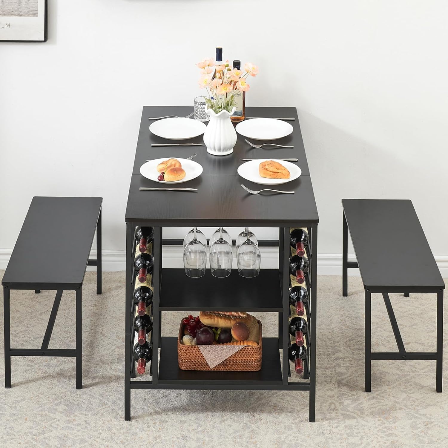 Set da pranzo Garvee per 4 persone con portabottiglie, spazio di archiviazione, metallo e legno, salvaspazio, robusto, stanze piccole