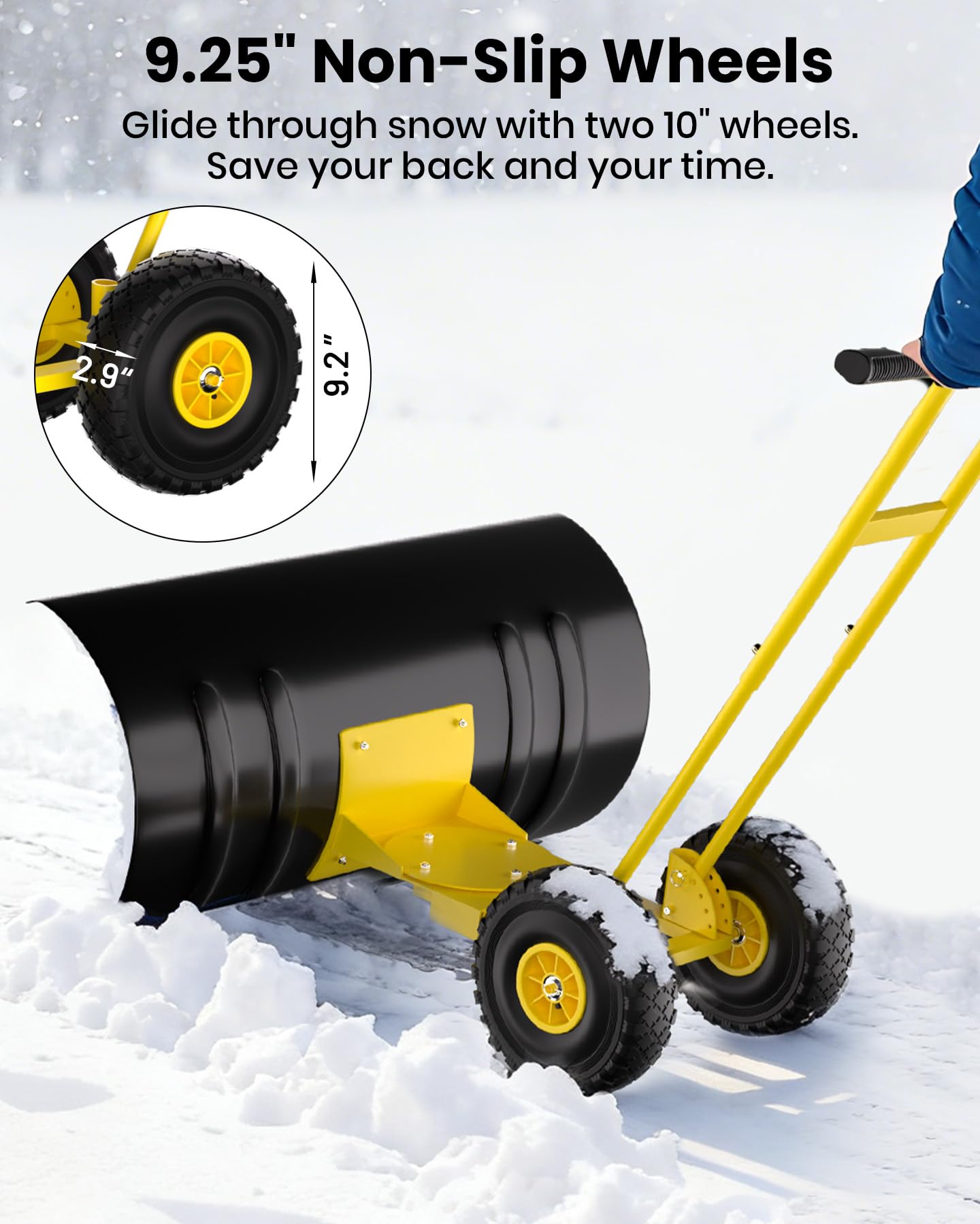 Pala da neve Garvee con ruote, lama in acciaio da 36", manico regolabile, grande pala per vialetti, base in plastica, ergonomica