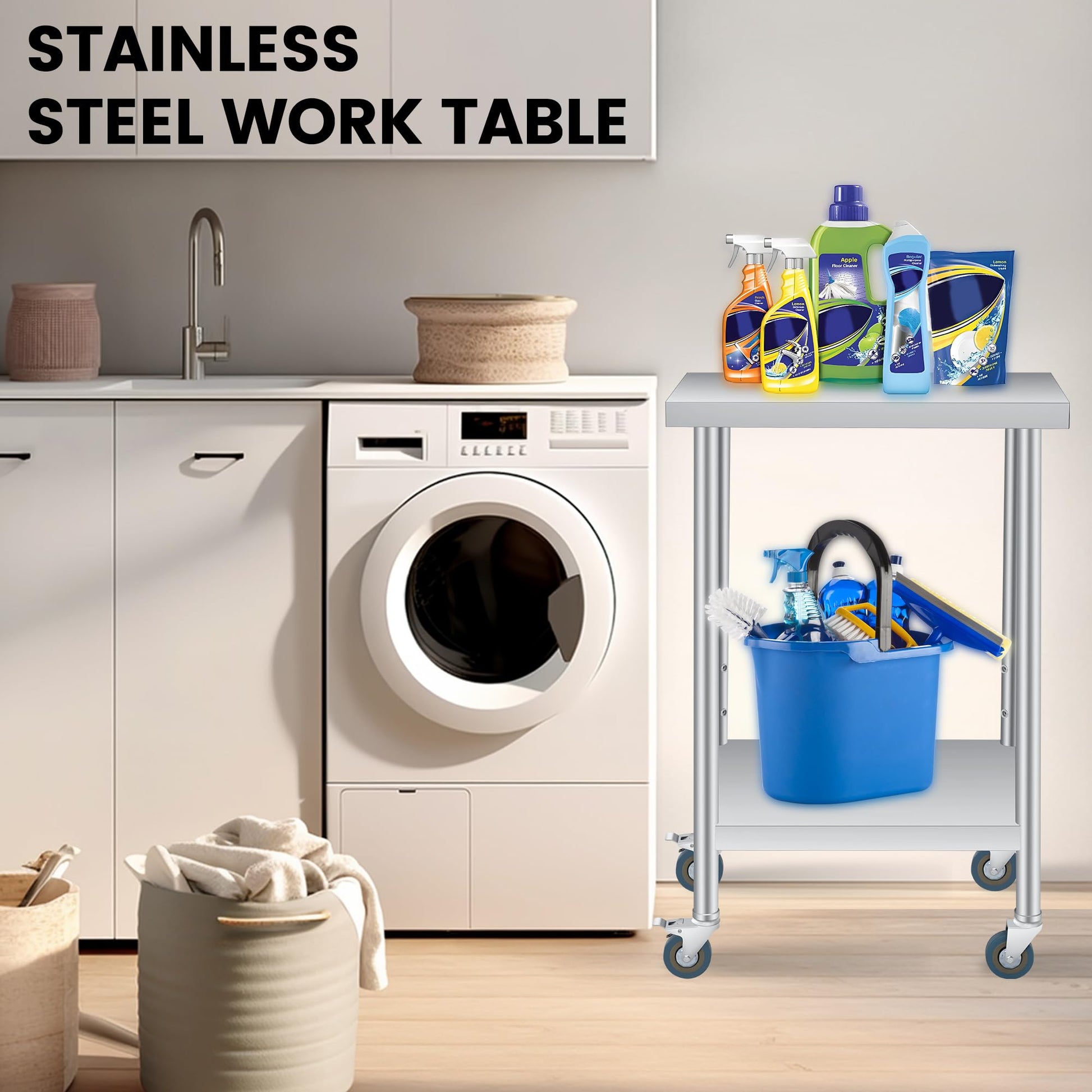 Tavolo da lavoro in acciaio inossidabile Garvee da 14" x 24", 2 livelli con ripiano regolabile, ruote, per cucina, ristorante, uso esterno, robusto