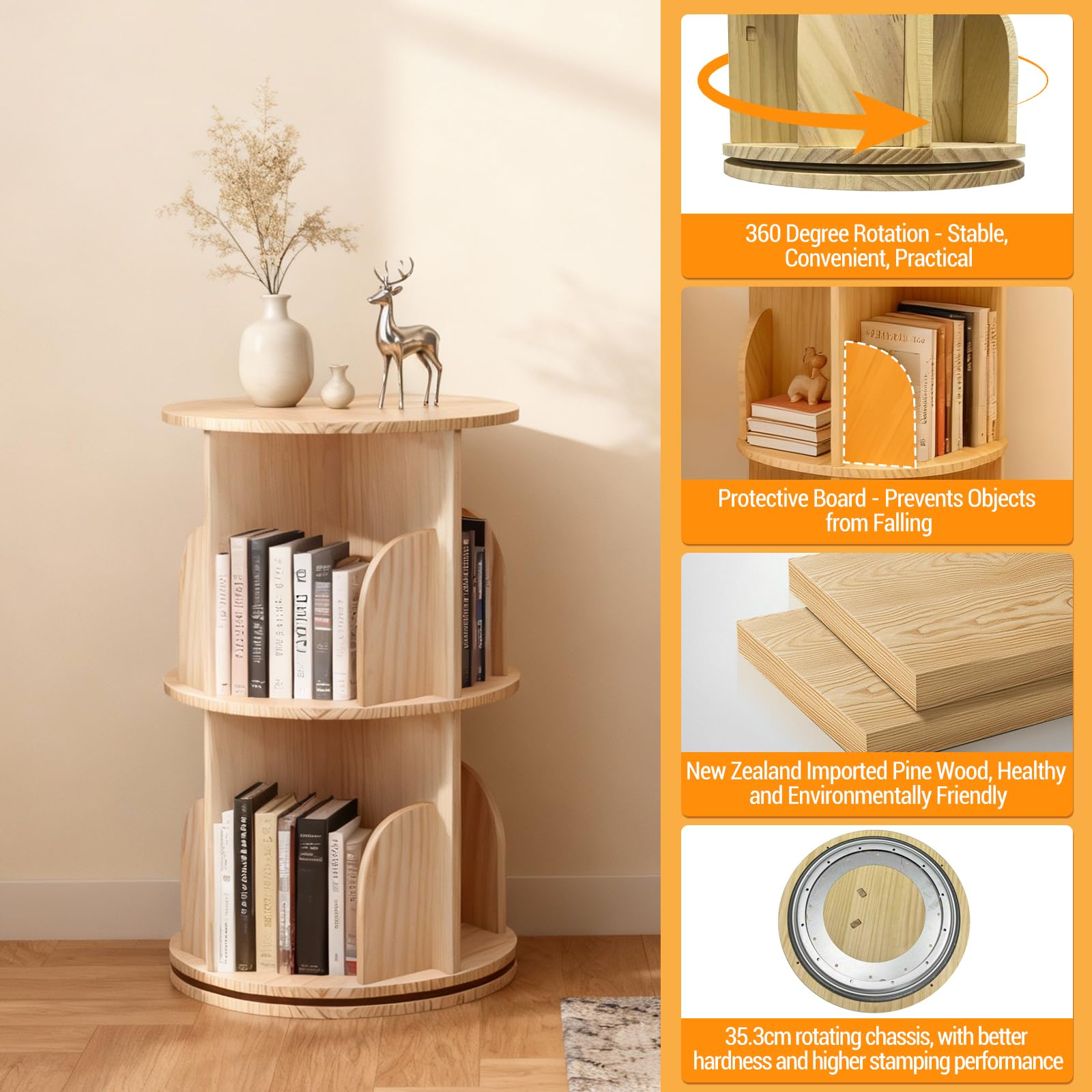 Libreria girevole a 360° Garvee, scaffale indipendente in legno massello per bambini e adulti, Ø39 cm, altezza 67 cm, legno naturale
