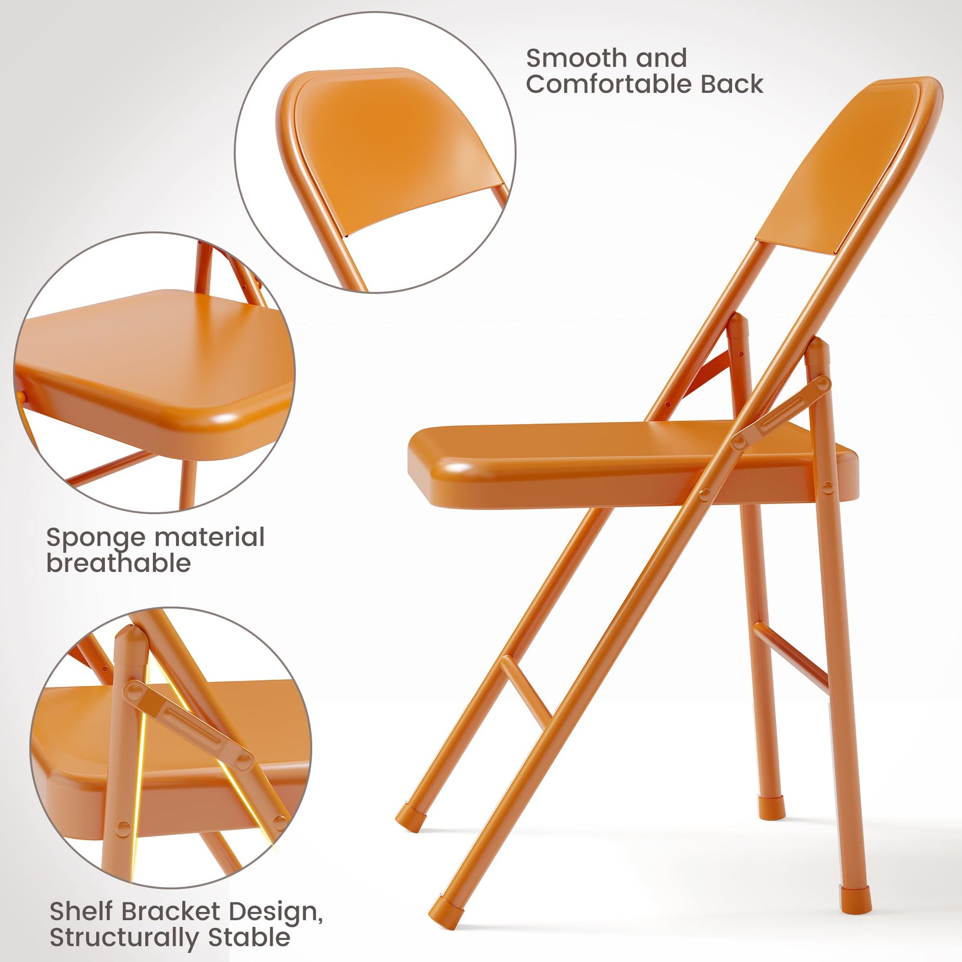 Set di 4 sedie pieghevoli Garvee con comode sedute, struttura in acciaio, impilabili, capacità di carico di 350 kg, arancione, per uso interno ed esterno