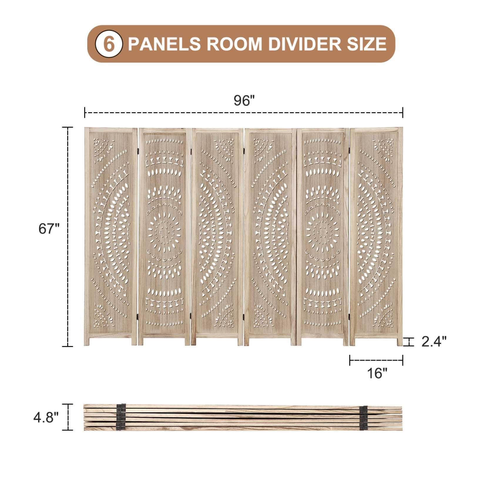 Divisorio per ambienti Garvee da 66,9 pollici, pieghevole, 6 pannelli, in legno di Paulownia, MDF, per soggiorno, ufficio, divisorio per la privacy, classico