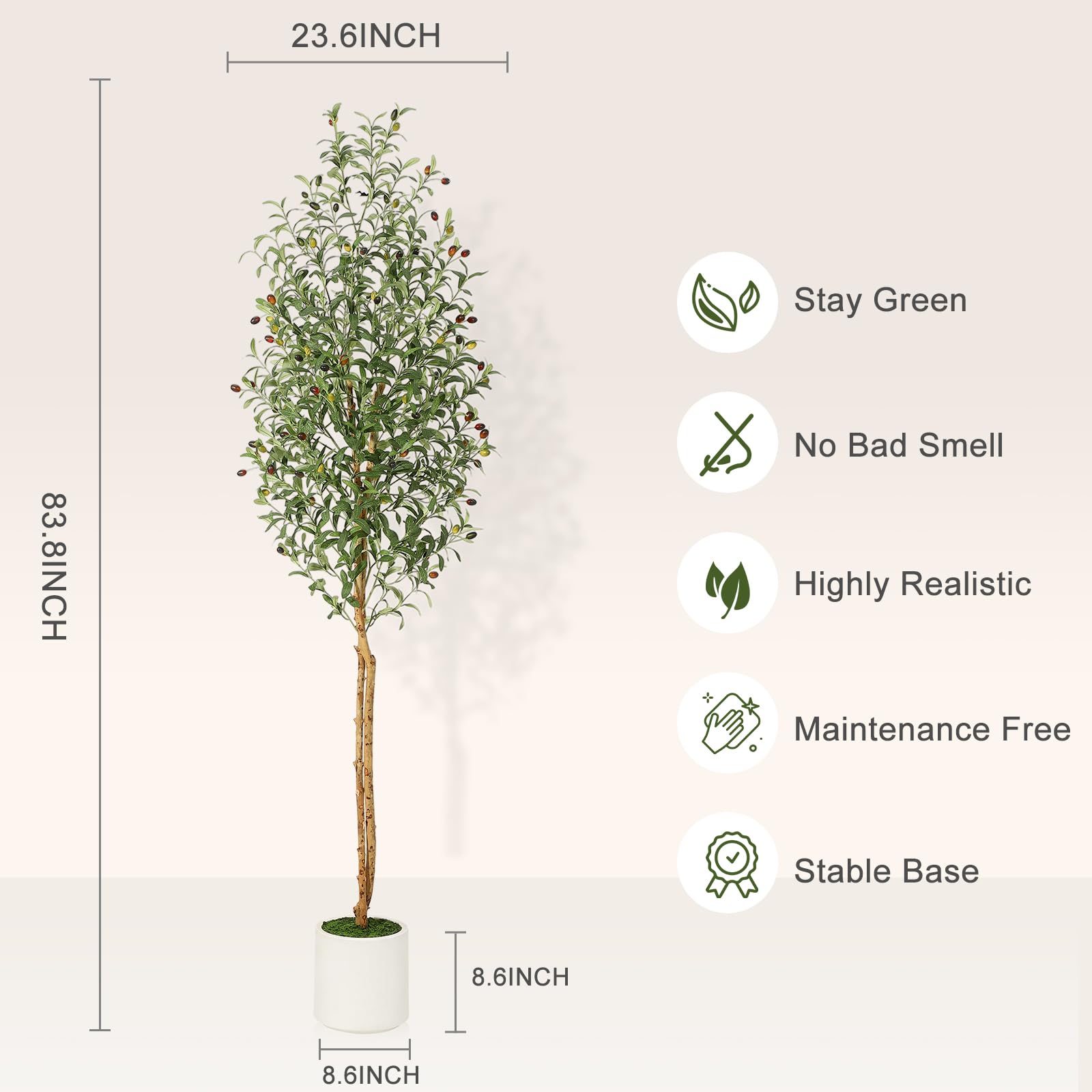 Albero di ulivo artificiale Garvee da 2,1 m con 2 tronchi di legno, 1152 foglie di seta, vaso in cemento bianco, decorazione per soggiorno, rami regolabili, verde realistico