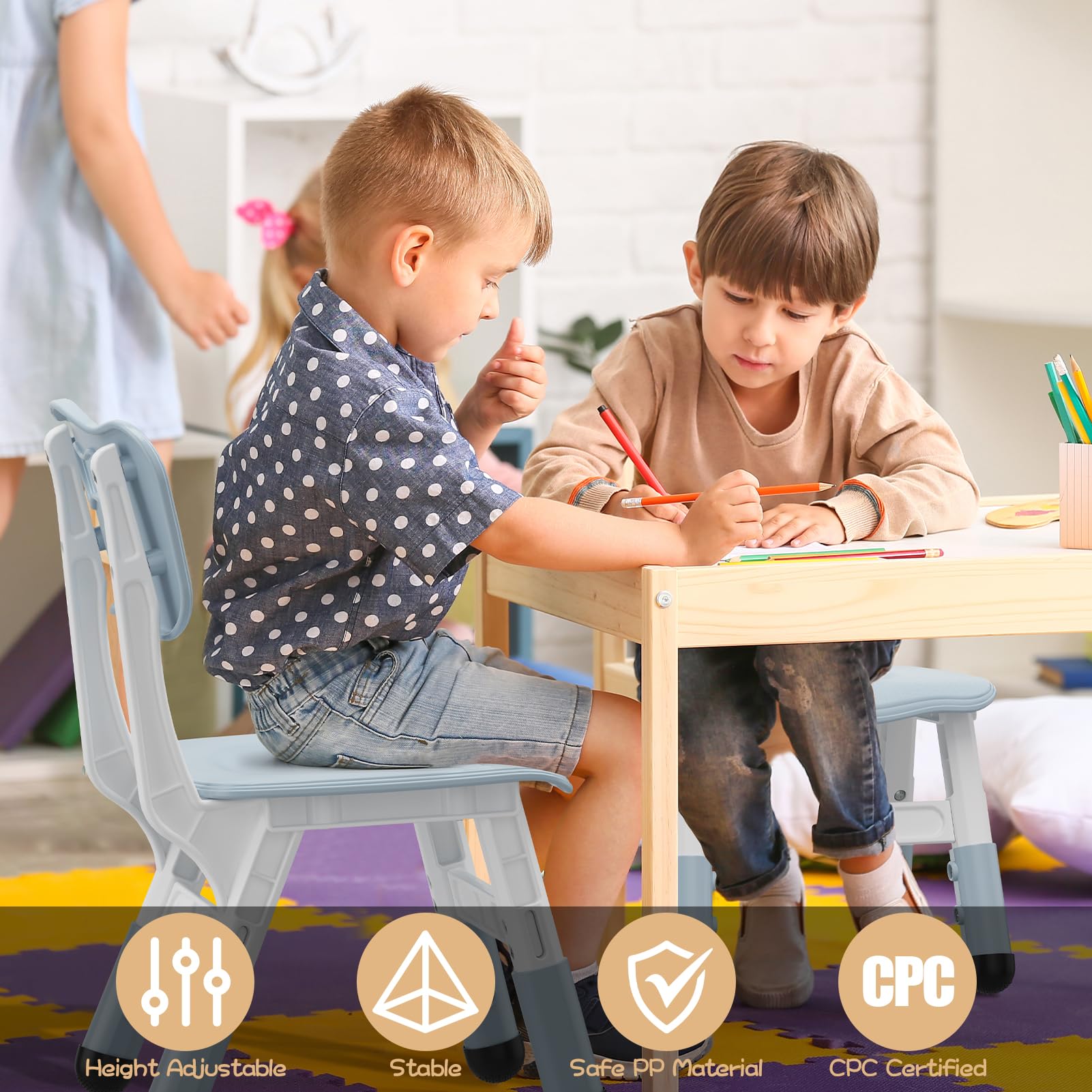 Seggiolone per bambini Garvee, altezza regolabile, 3 livelli, plastica, robusto, leggero, per bambini e bambine da 2 a 6 anni, set da 2, grigio-blu, per casa e asilo