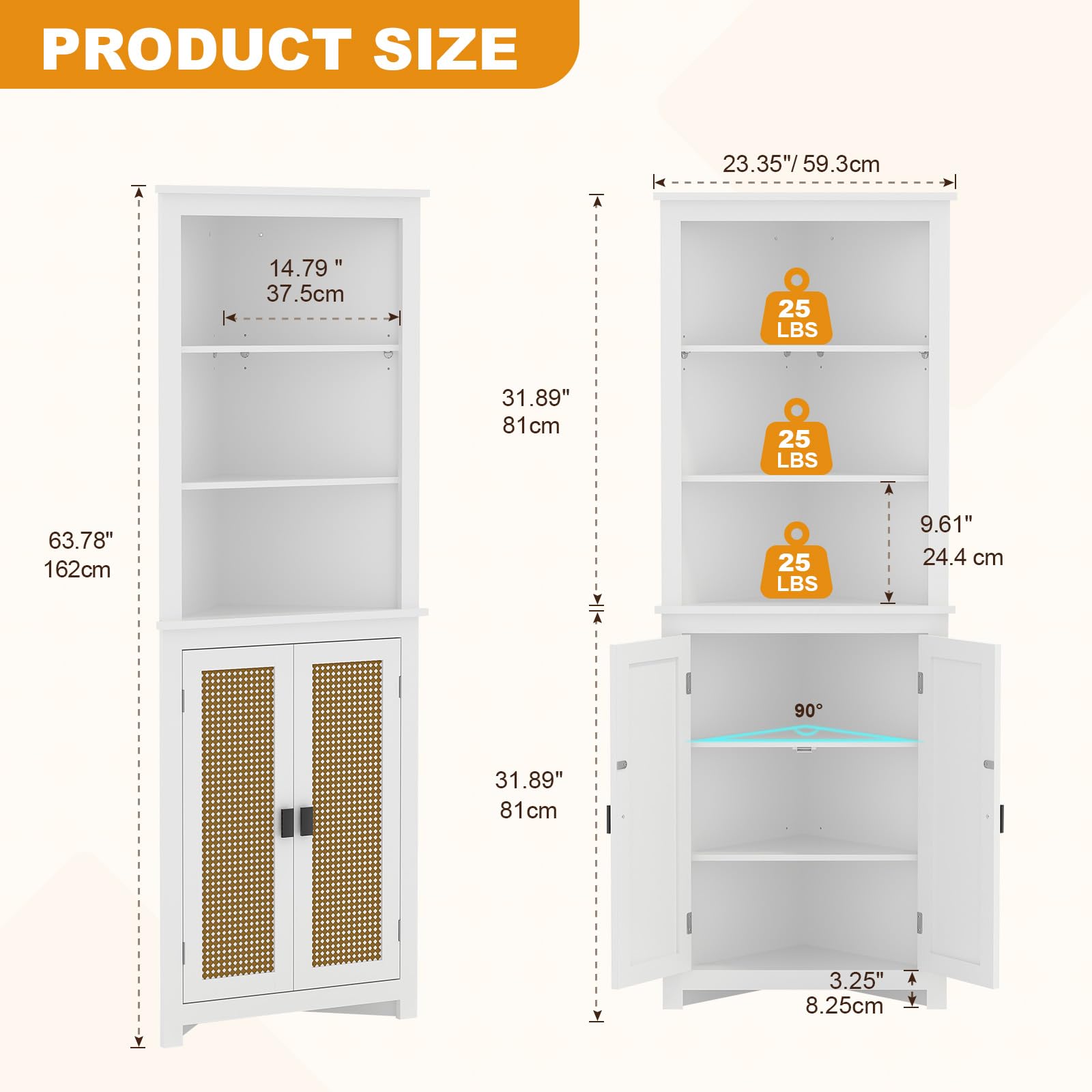 Mobiletto angolare Garvee Farmhouse da 64" di altezza con 6 ripiani e 2 ante a battente, ripiano regolabile, bianco, per soggiorno e bagno, legno, resistente all'umidità, antiribaltamento