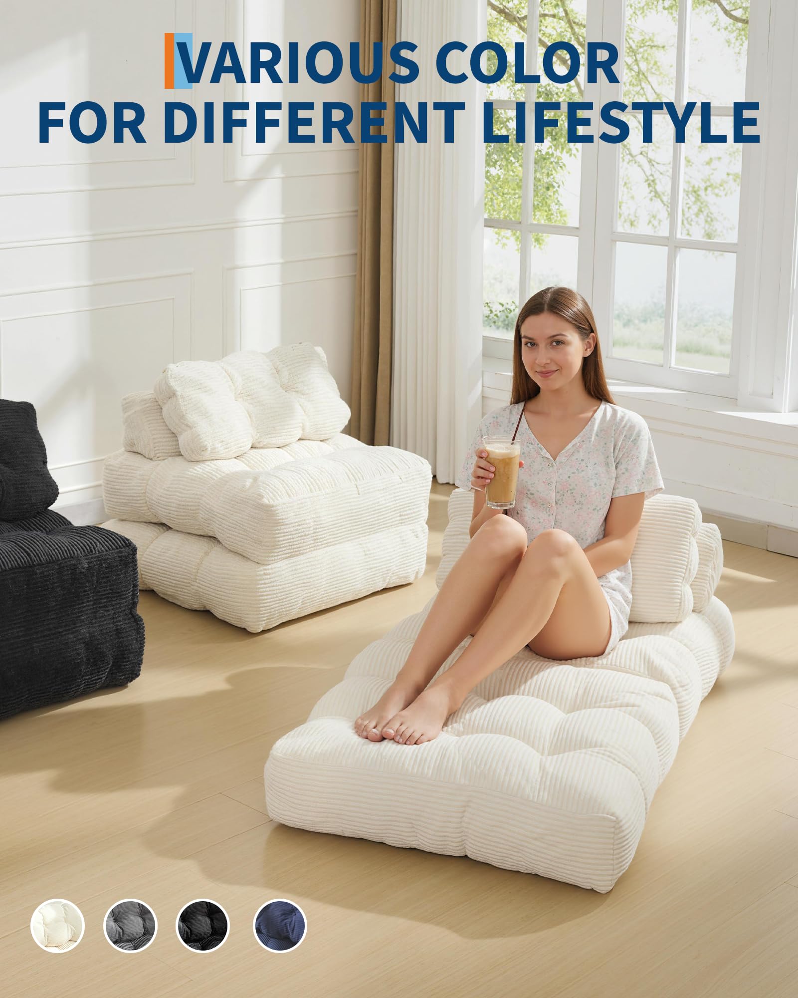 Divano letto pieghevole 3 in 1 Garvee con cuscini, materasso pieghevole, supporto per la guida, comoda seduta portatile, tessuto in velluto a coste, beige, per soggiorno e camera da letto