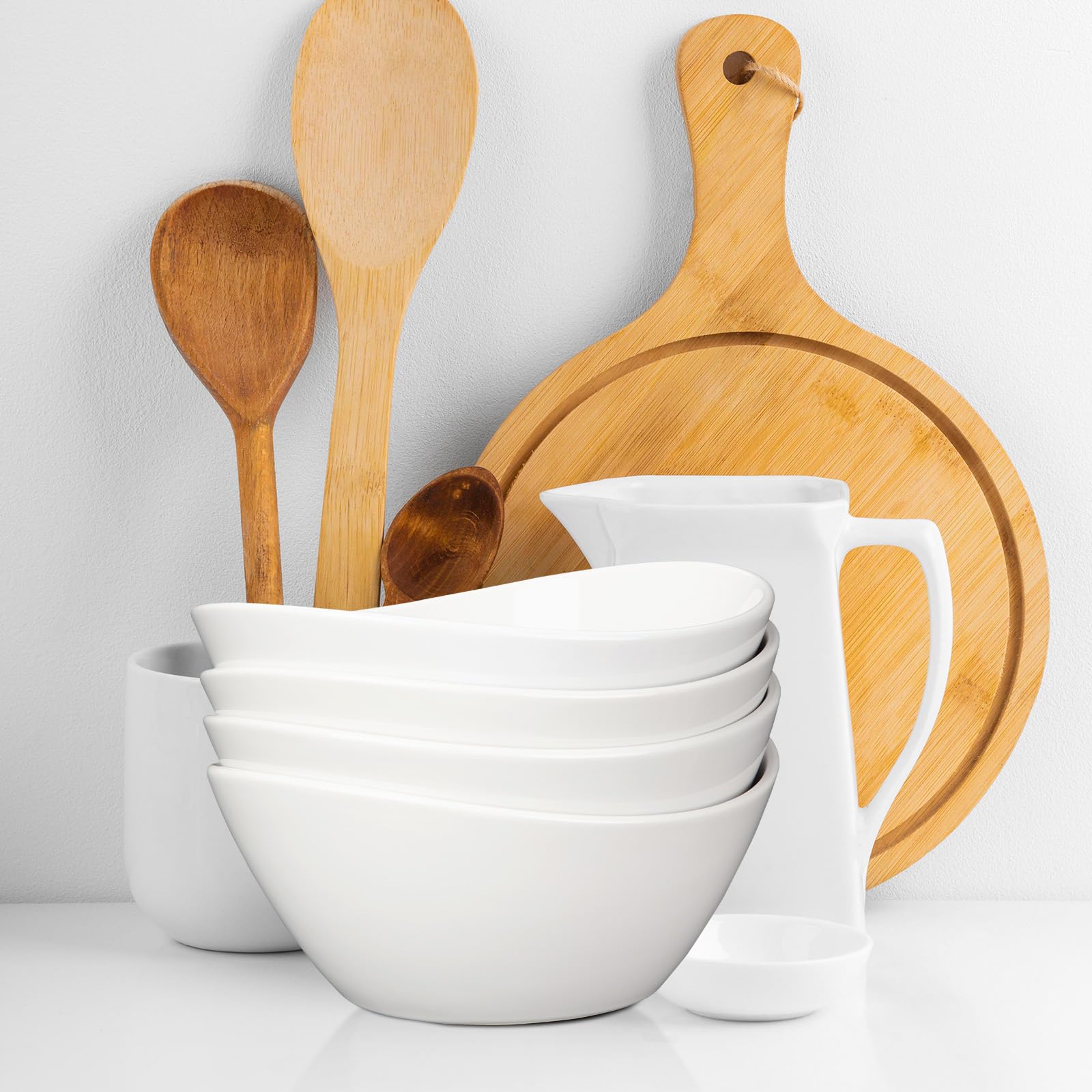 Garvee Set di 4 grandi piatti ovali in porcellana da 42 once, 8 pezzi, bianchi, ergonomicamente impilabili per la cucina e la tavola