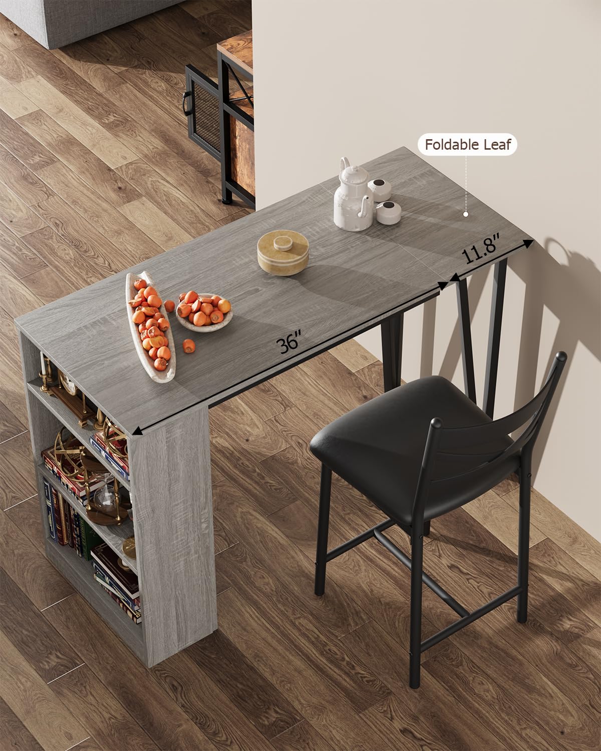 Tavolo da bar estensibile Garvee per 2-4 persone con cuscini larghi 16 pollici, MDF robusto, spazio di archiviazione, grigio, ideale per piccoli appartamenti