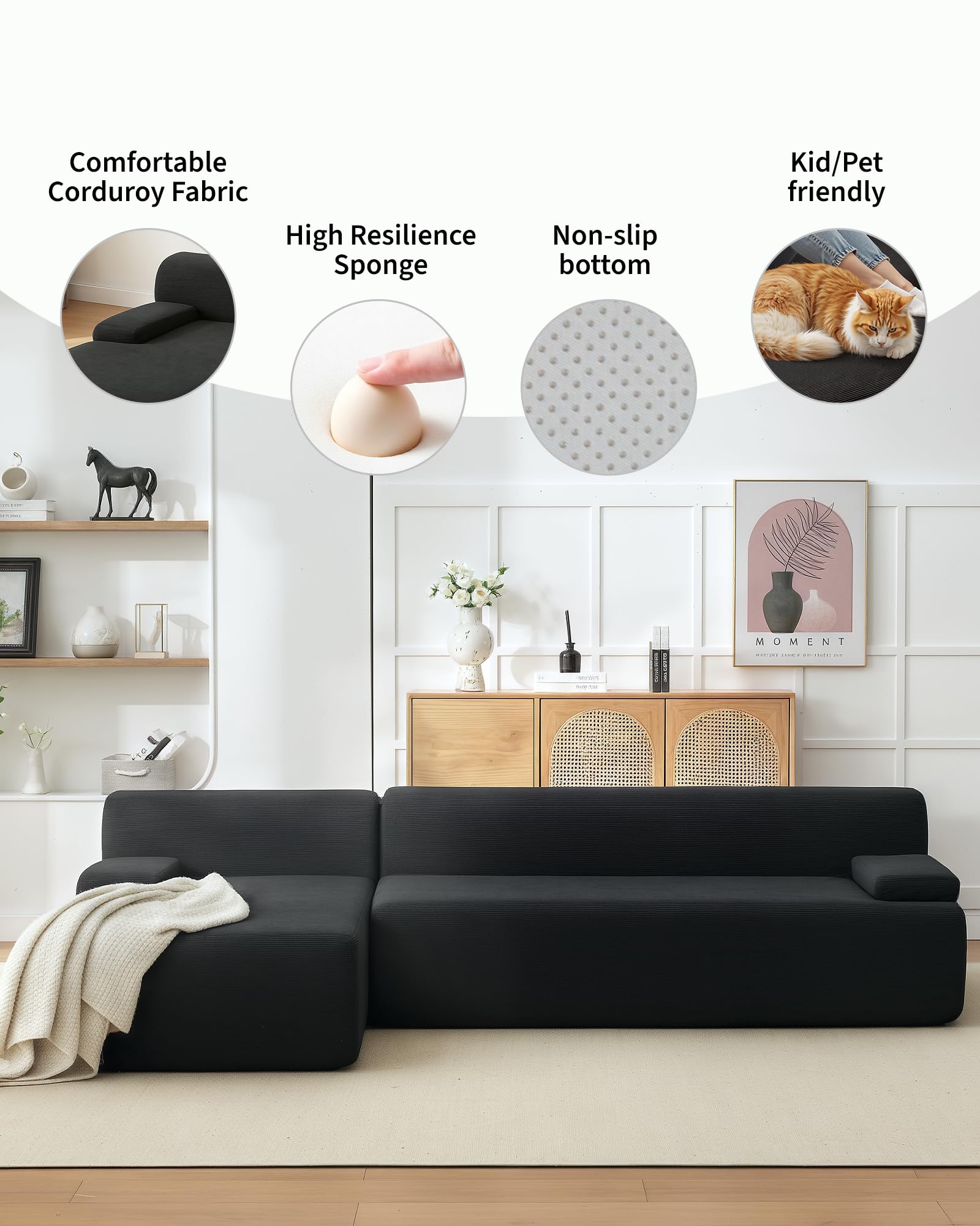 Divano componibile Garvee Cloud da 108" con chaise longue - Divano super soffice senza osso, velluto a coste ultra morbido, divano a L, accogliente, nero, soggiorno