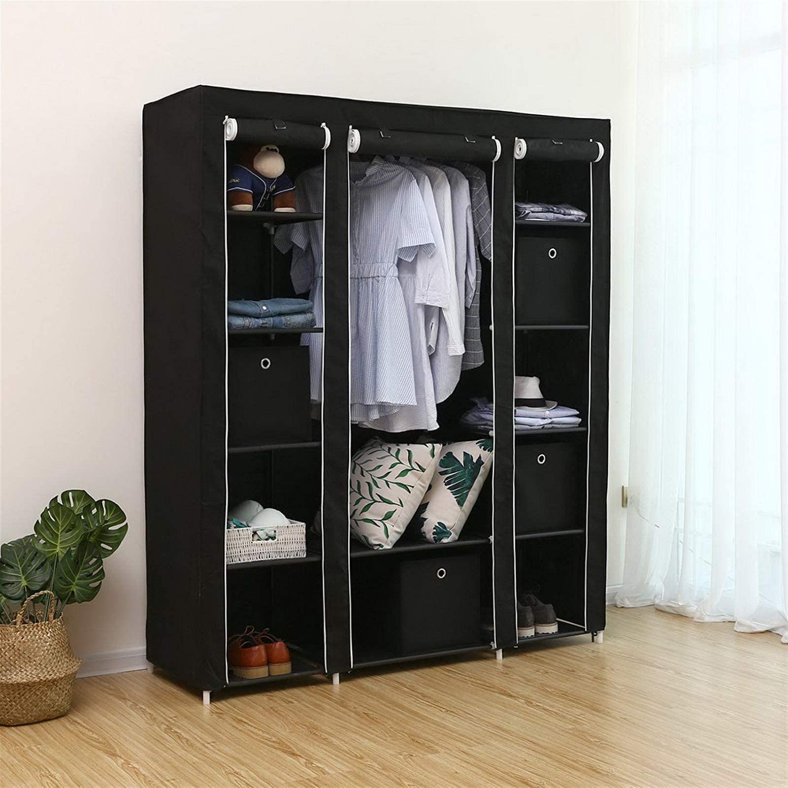Armadio portatile in tessuto Garvee, pieghevole con coperchio, ganci e divisori per uso domestico, 147x44x174 cm, copertura antipolvere