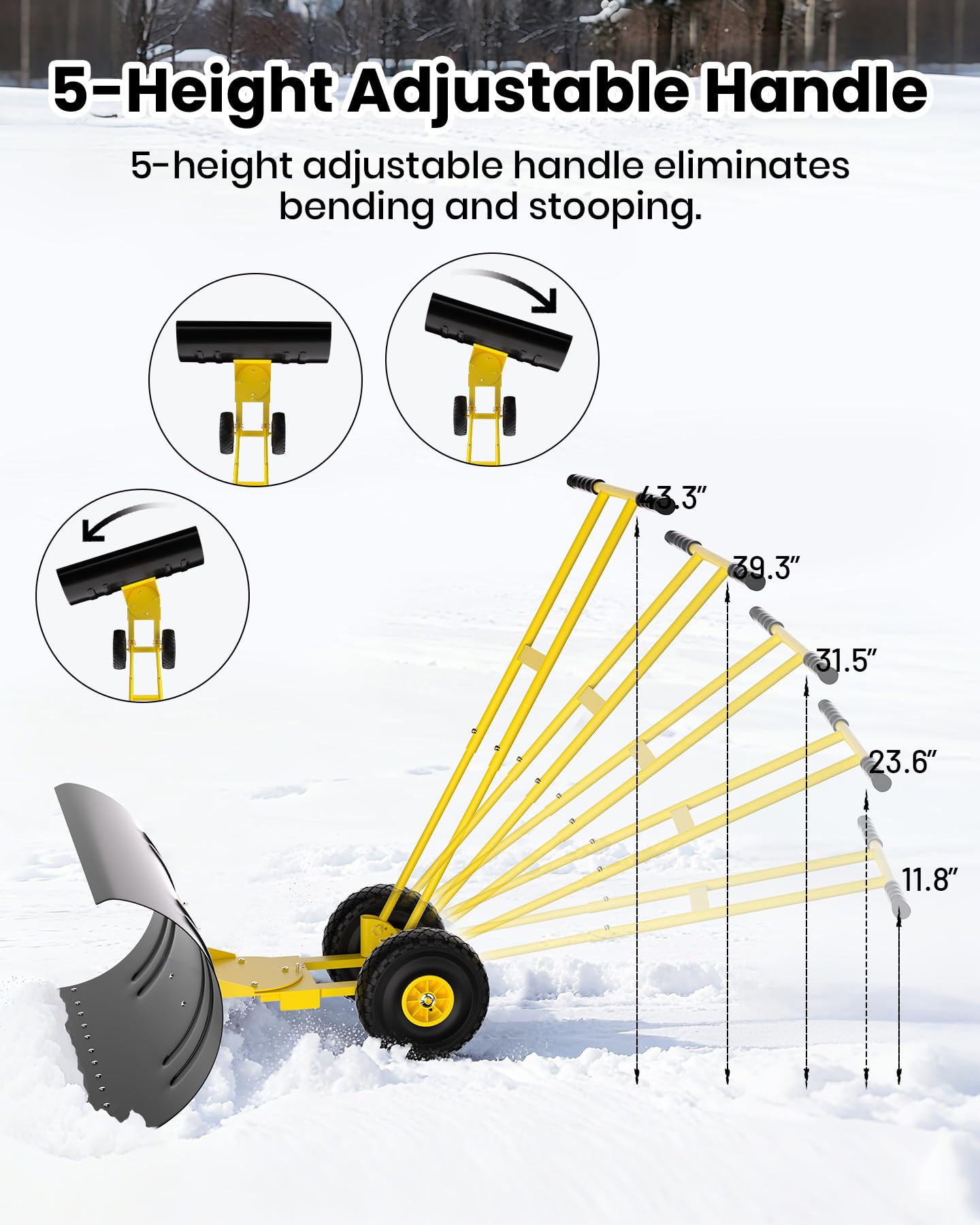 Pala da neve Garvee con ruote, lama in acciaio da 36", manico regolabile, grande pala per vialetti, base in plastica, ergonomica