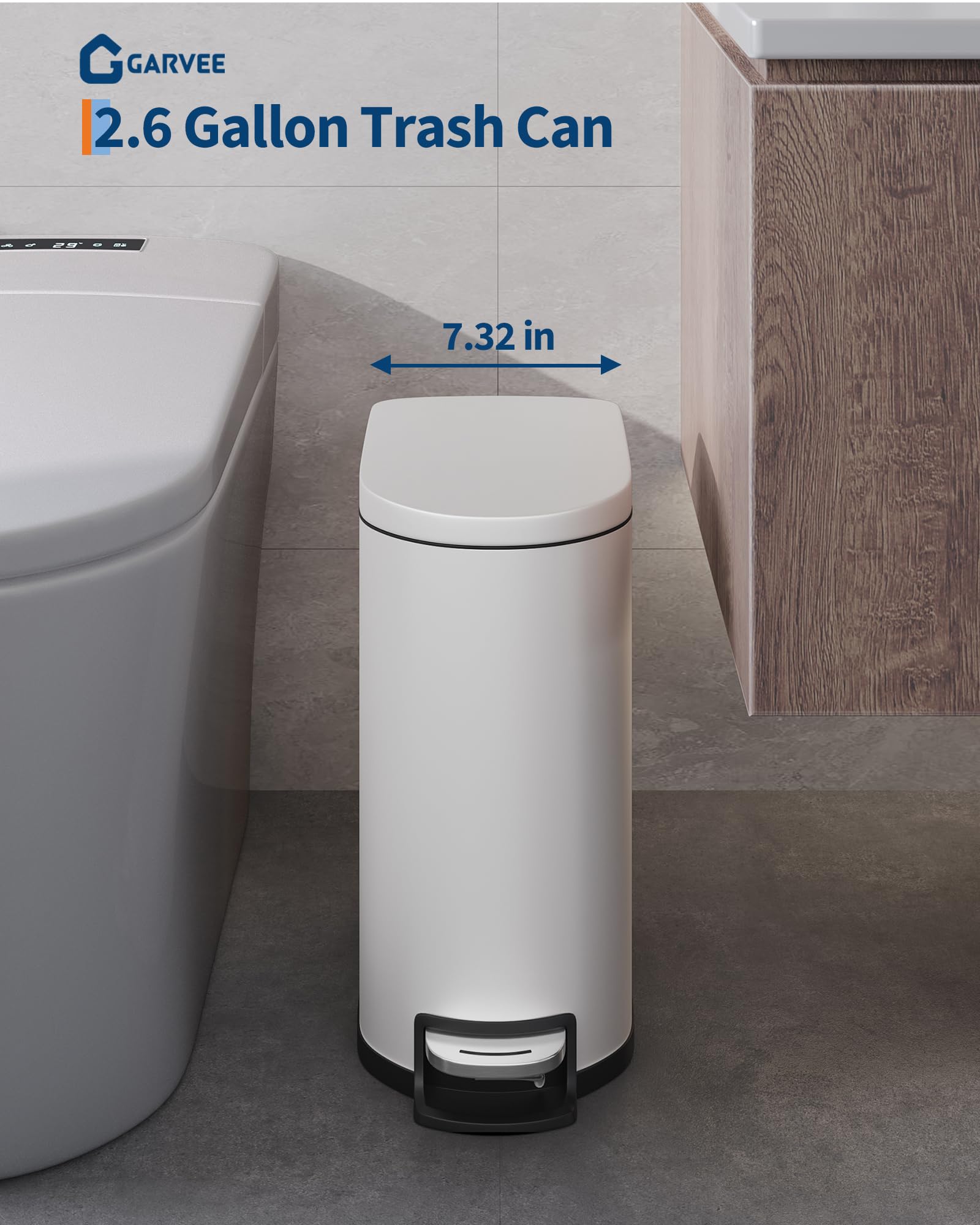 Garvee Bidone Per Rifiuti Bagno 2,6 Galloni Acciaio Inox Bianco, Pedale Resistente, Design Salvaspazio