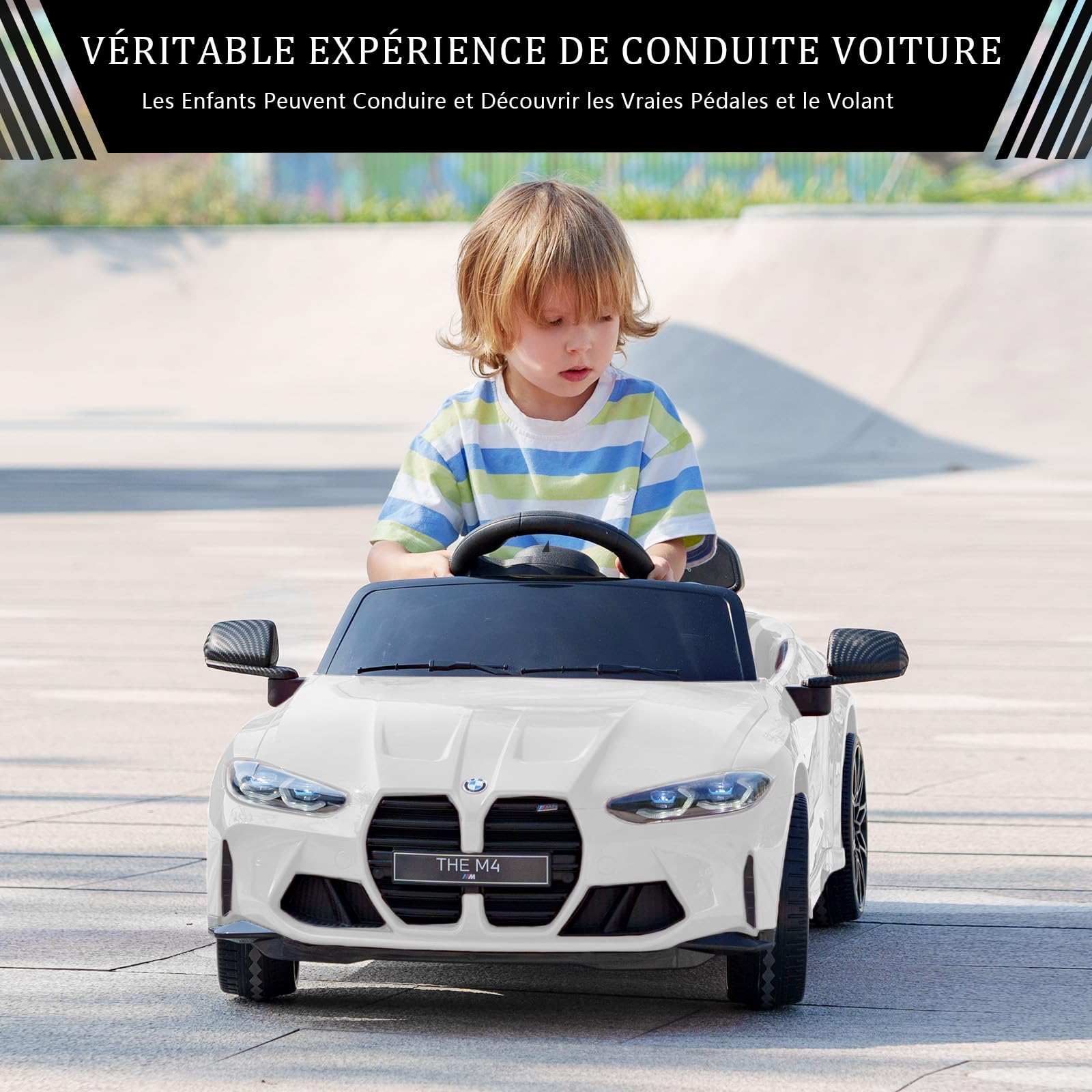 Garvee Kids Electric Car BMW M4 con licenza 12V con LED, musica, cintura di sicurezza, telecomando, metallo PP, giocattolo per esterni, 3 km/h, nero